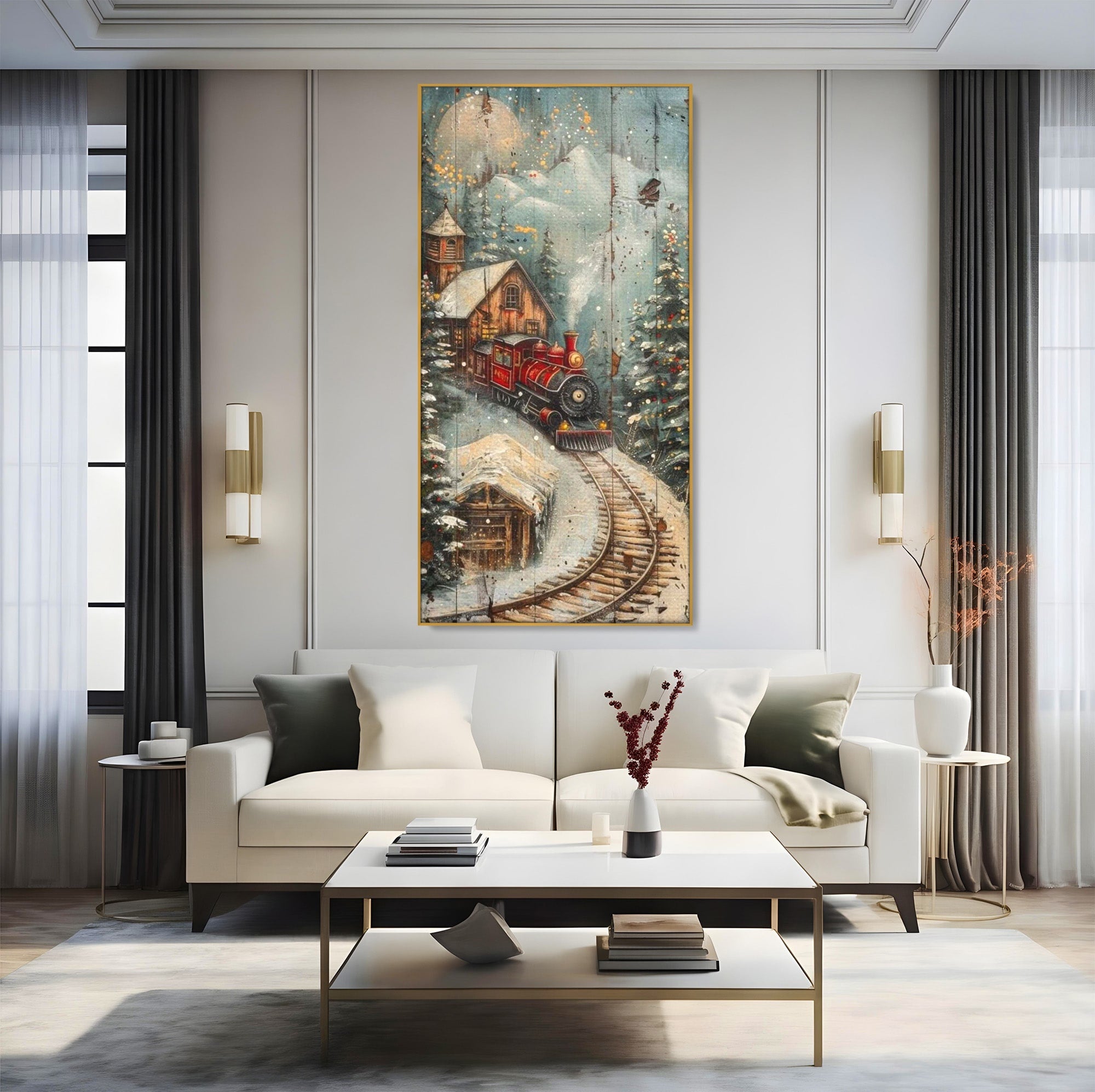 Tablou Canvas Premium LuxCanva® PI1106, Tren De Iarna, Gara, Fum, Calatorie, Peisaj, Cabana, Munti, Living, Natura, Culori Vibrante