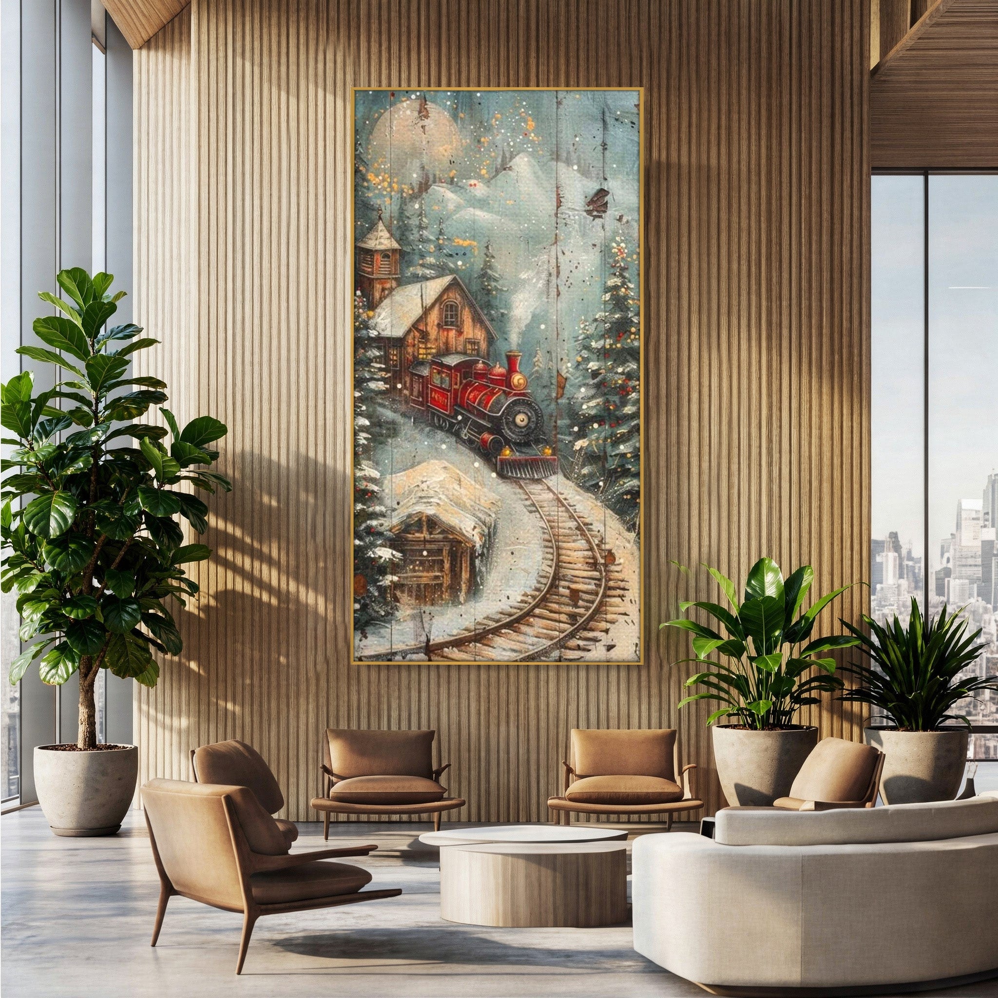 Tablou Canvas Premium LuxCanva® PI1106, Tren De Iarna, Gara, Fum, Calatorie, Peisaj, Cabana, Munti, Living, Natura, Culori Vibrante