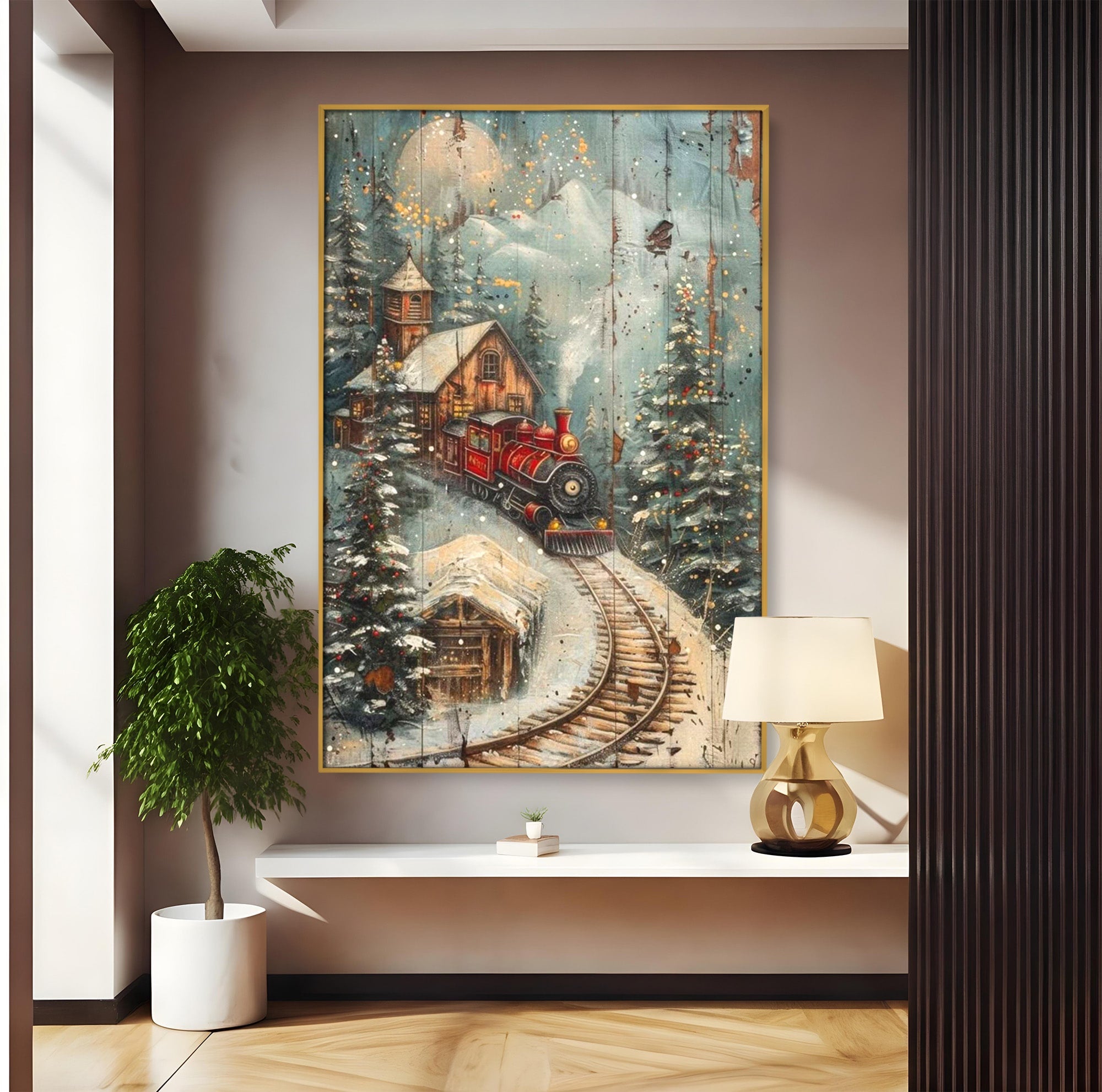 Tablou Canvas Premium LuxCanva® PI1106, Tren De Iarna, Gara, Fum, Calatorie, Peisaj, Cabana, Munti, Living, Natura, Culori Vibrante