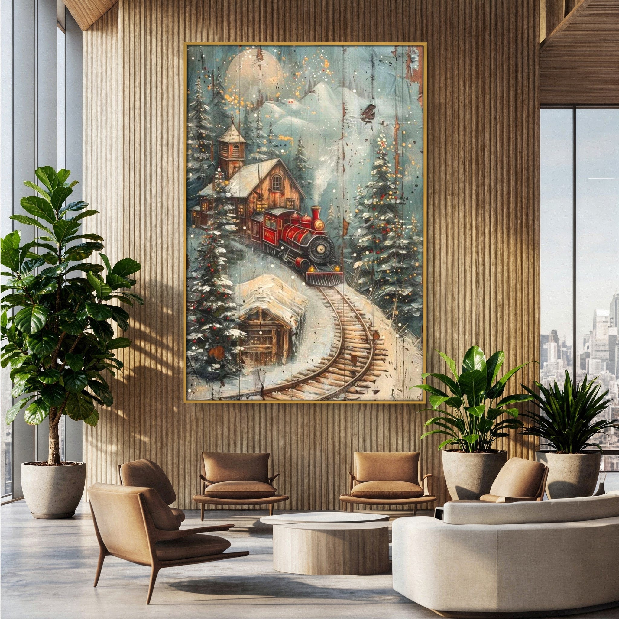 Tablou Canvas Premium LuxCanva® PI1106, Tren De Iarna, Gara, Fum, Calatorie, Peisaj, Cabana, Munti, Living, Natura, Culori Vibrante