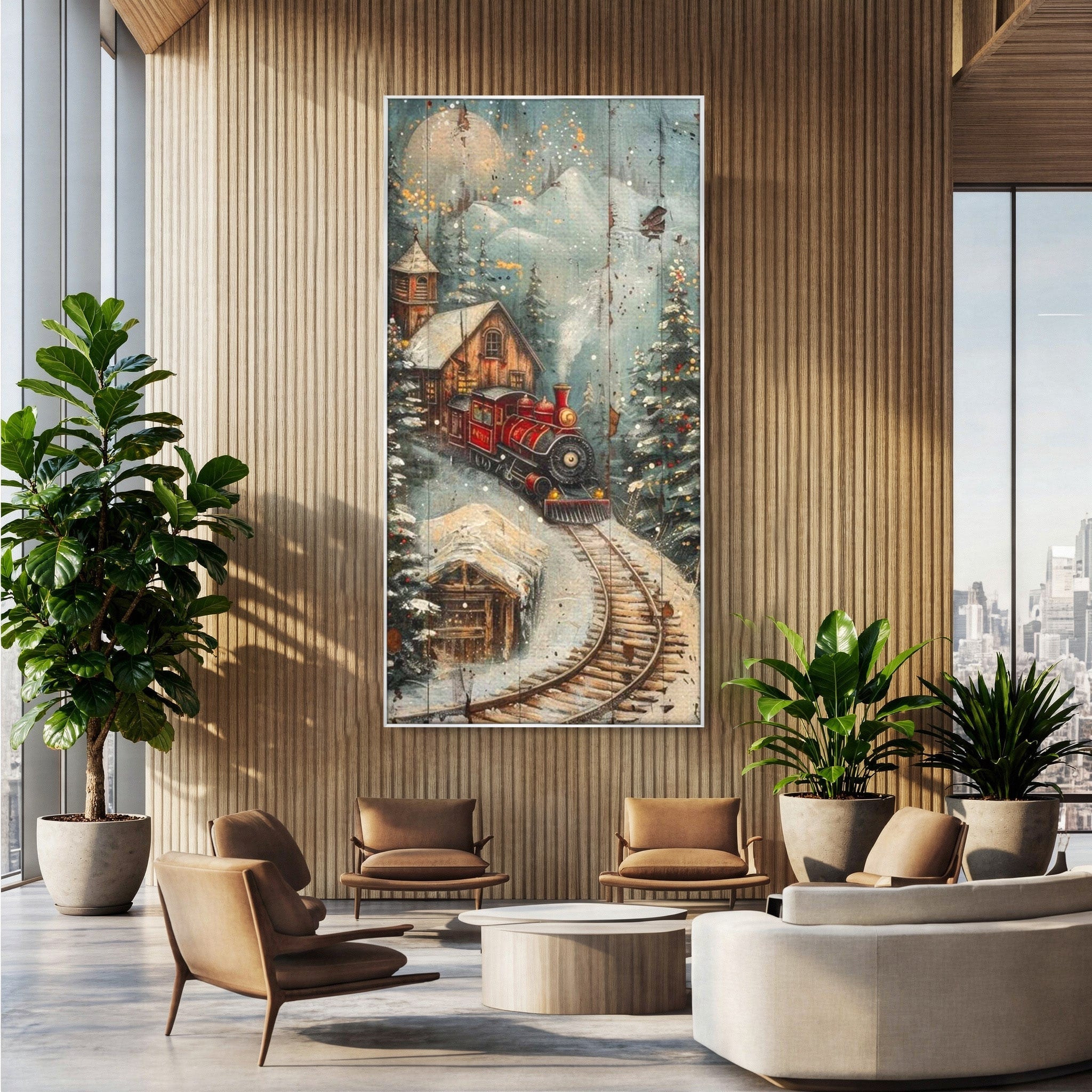 Tablou Canvas Premium LuxCanva® PI1106, Tren De Iarna, Gara, Fum, Calatorie, Peisaj, Cabana, Munti, Living, Natura, Culori Vibrante