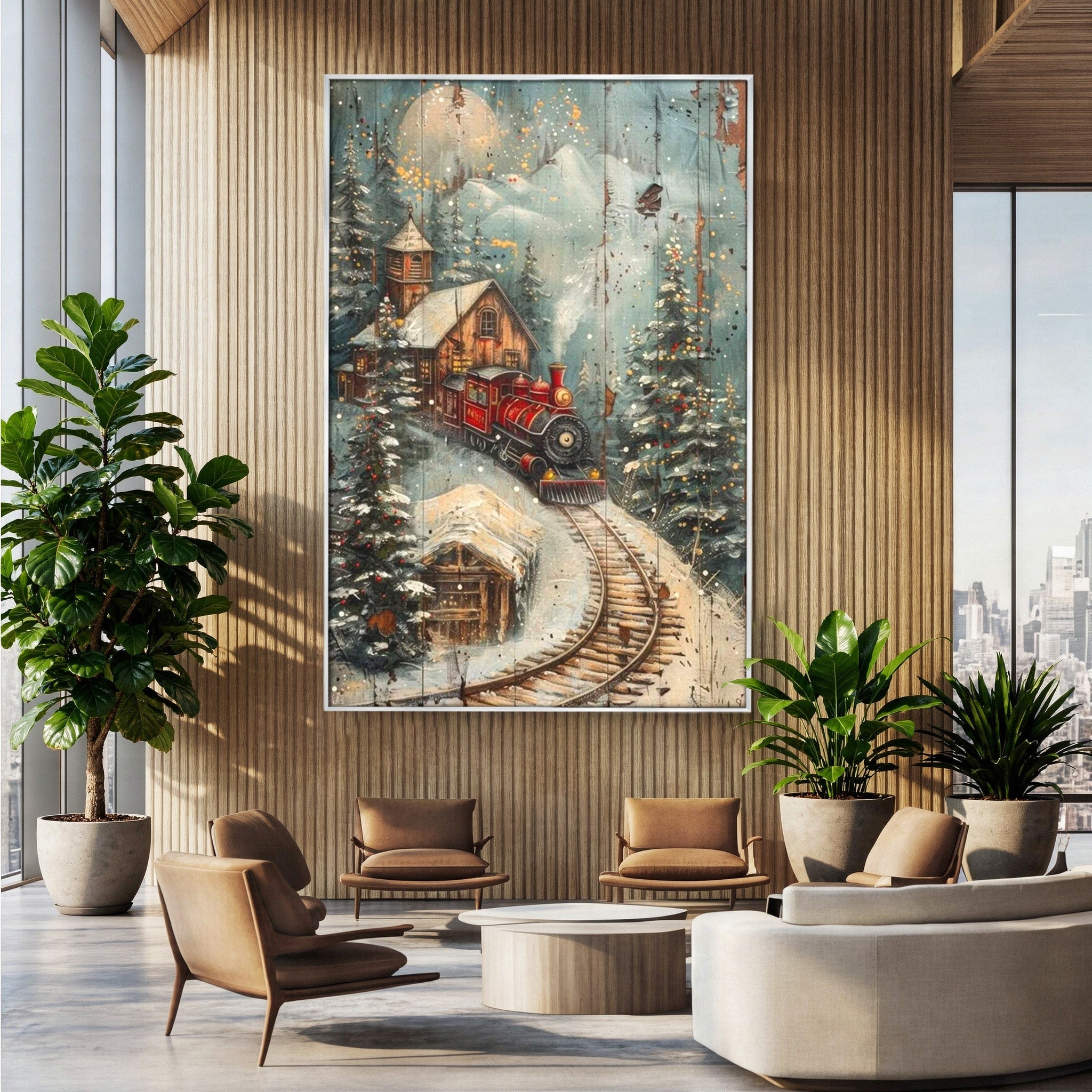 Tablou Canvas Premium LuxCanva® PI1106, Tren De Iarna, Gara, Fum, Calatorie, Peisaj, Cabana, Munti, Living, Natura, Culori Vibrante