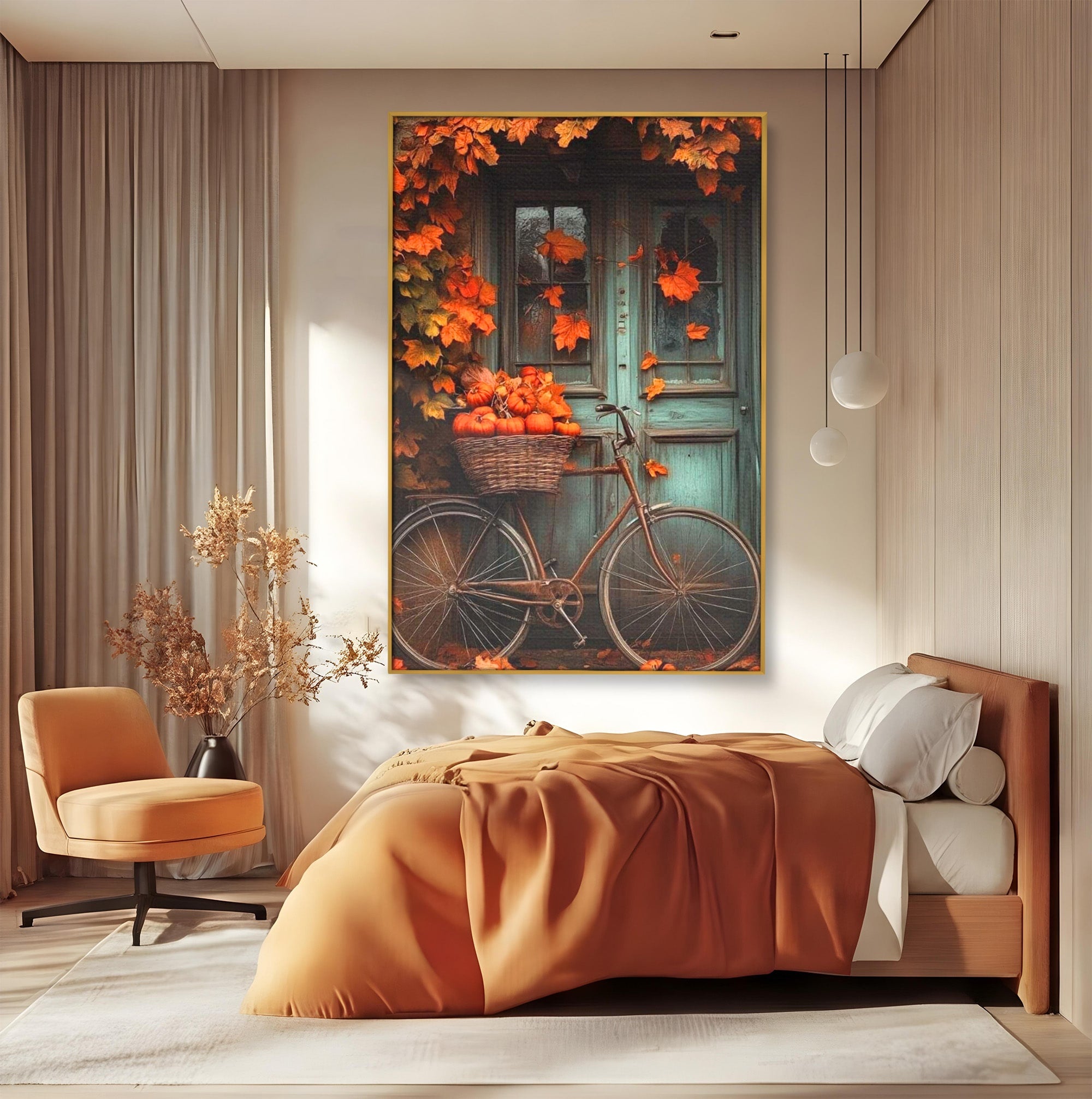 Tablou Canvas Premium LuxCanva® PI1107, Bicicleta De Toamna, Roti, Anotimp, Frunze, Rustic, Living, Hol, Culori Vibrante