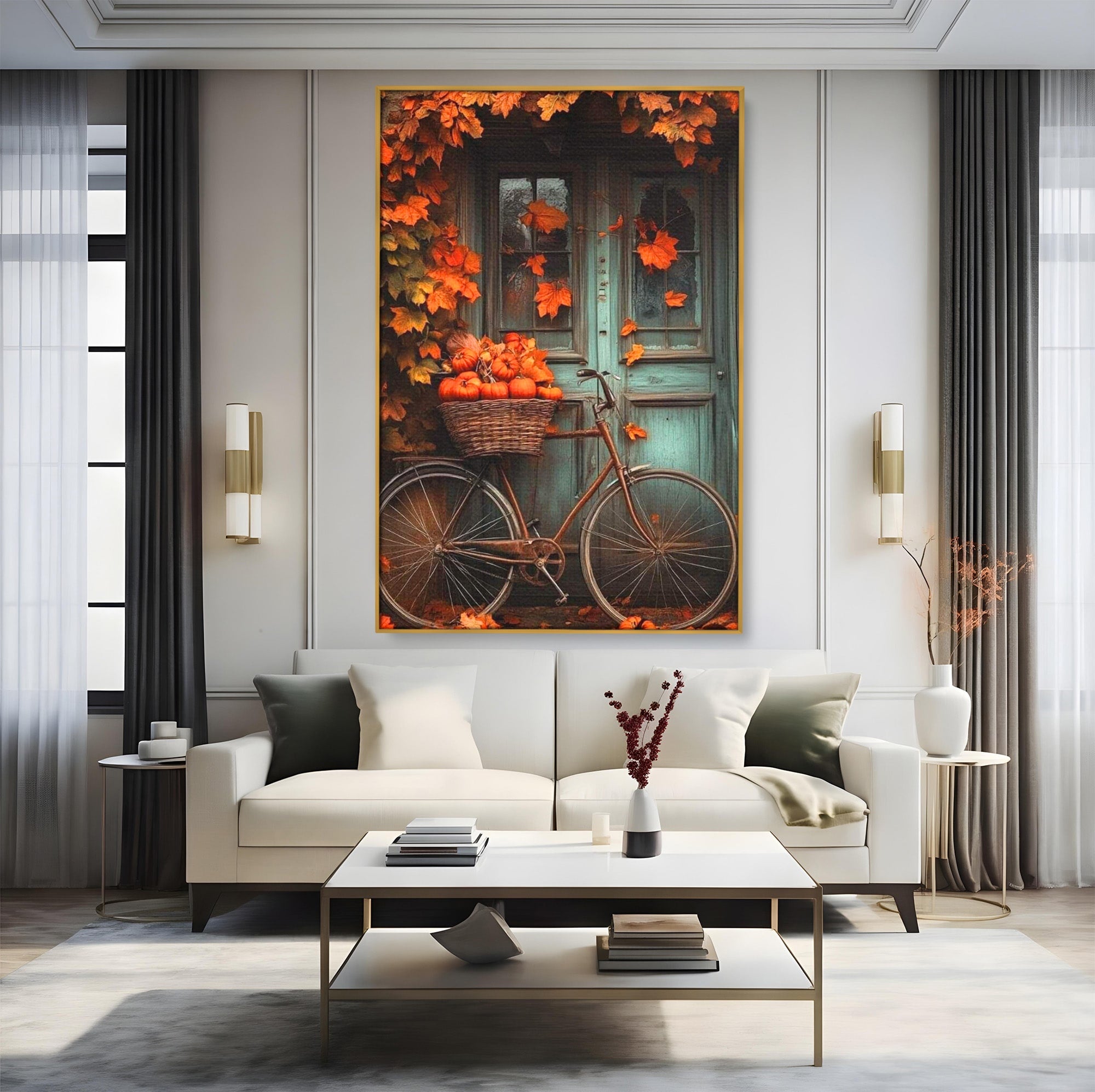Tablou Canvas Premium LuxCanva® PI1107, Bicicleta De Toamna, Roti, Anotimp, Frunze, Rustic, Living, Hol, Culori Vibrante