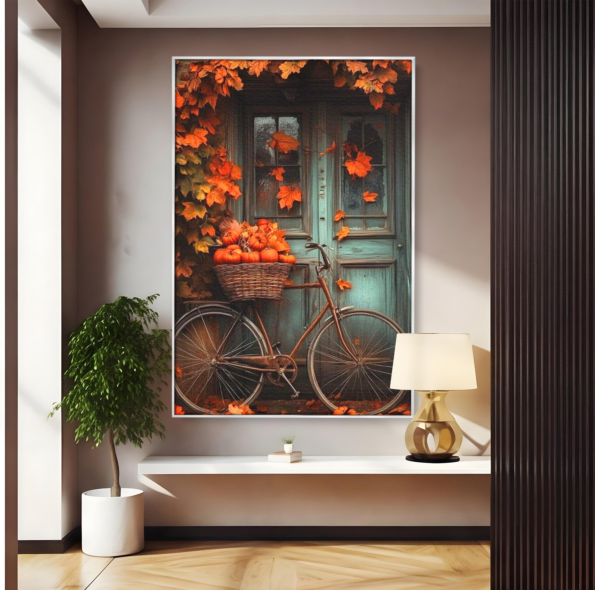 Tablou Canvas Premium LuxCanva® PI1107, Bicicleta De Toamna, Roti, Anotimp, Frunze, Rustic, Living, Hol, Culori Vibrante