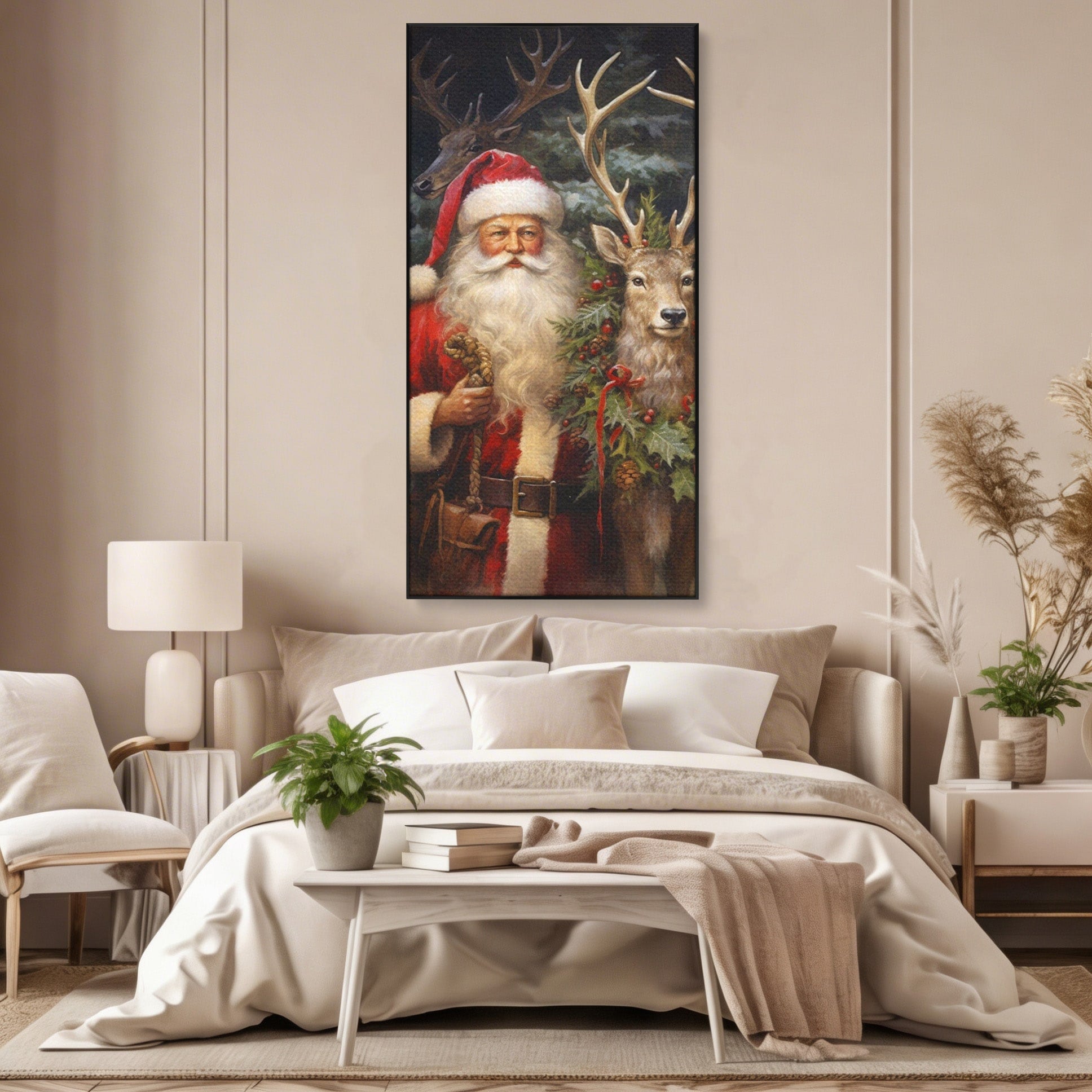 Tablou Canvas Premium LuxCanva® PI1108, Mos Craciun Si Renul, Bucurie, Copilarie, Iarna, Emotie, Sarbatori, Living, Culori Vibrante