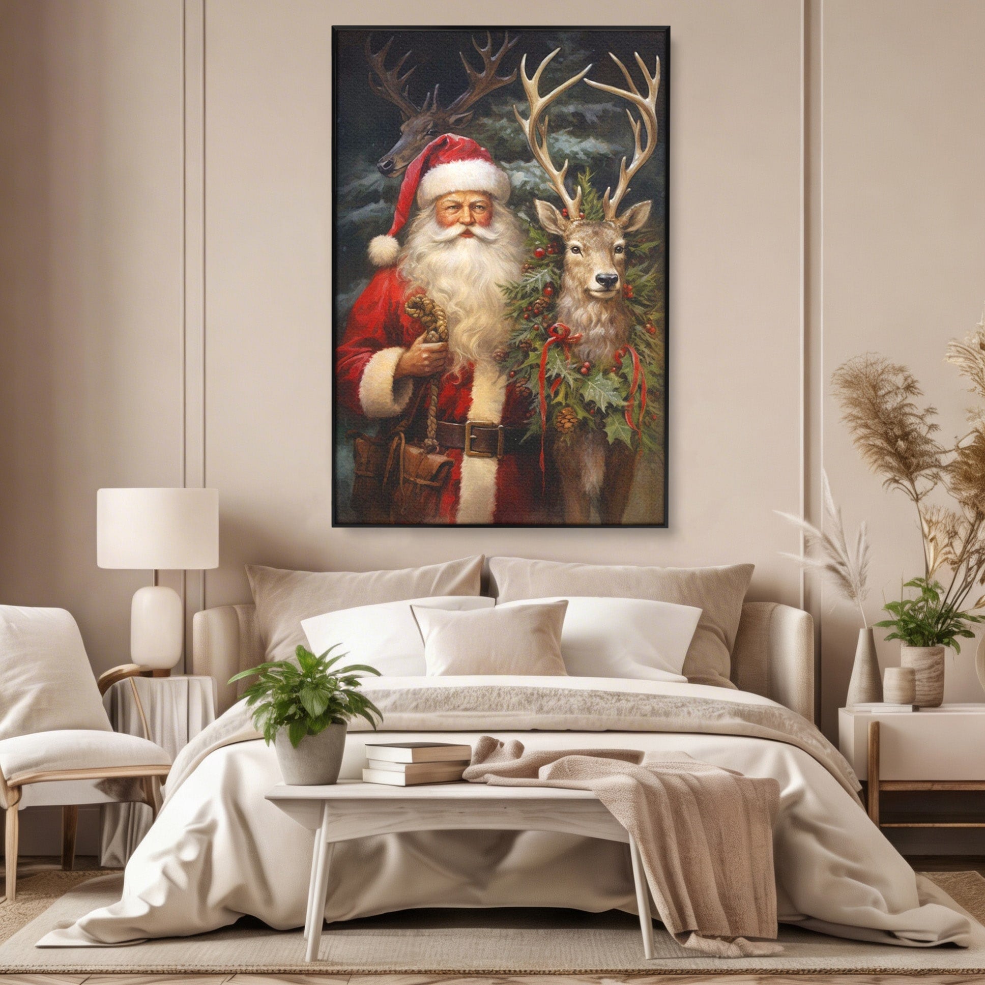 Tablou Canvas Premium LuxCanva® PI1108, Mos Craciun Si Renul, Bucurie, Copilarie, Iarna, Emotie, Sarbatori, Living, Culori Vibrante