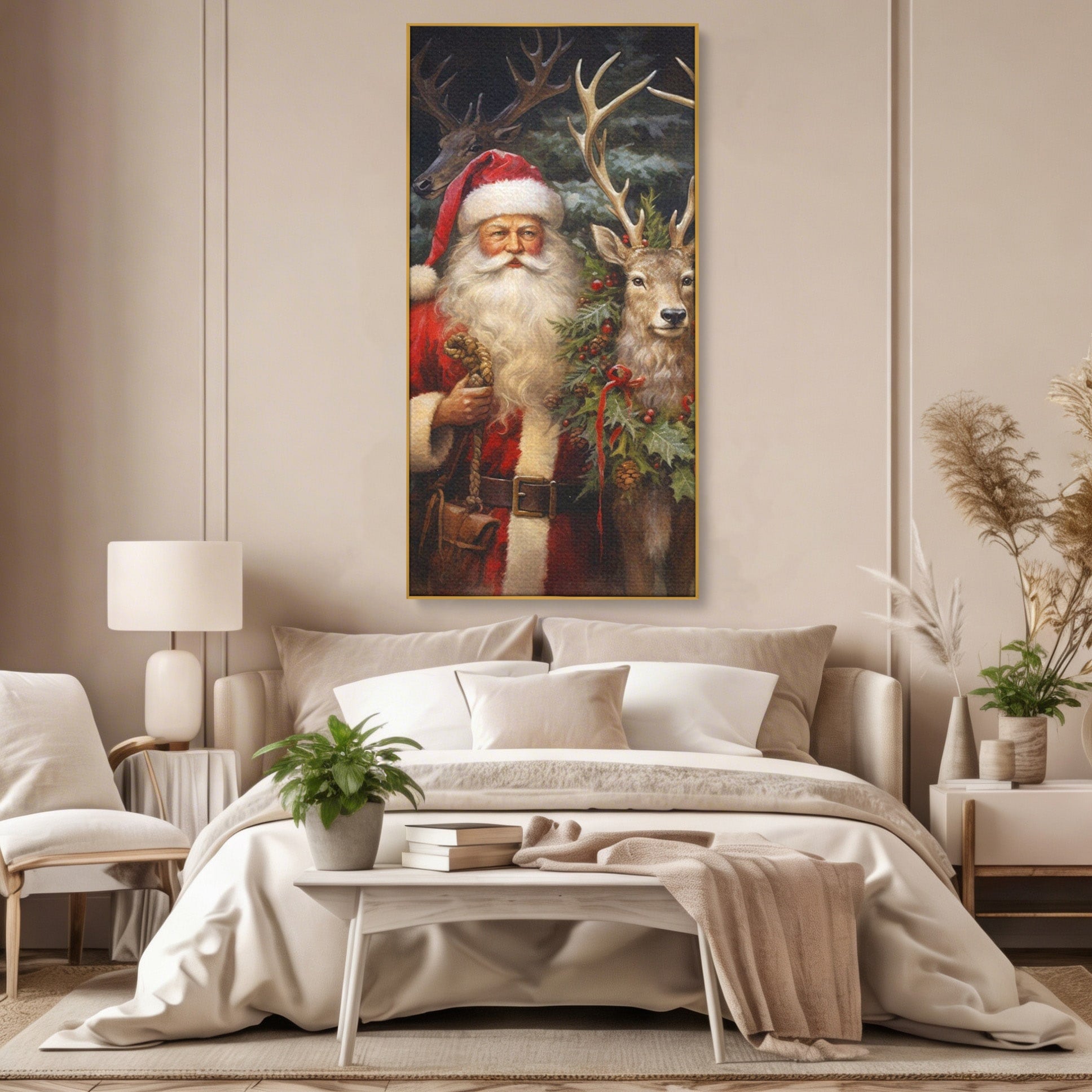 Tablou Canvas Premium LuxCanva® PI1108, Mos Craciun Si Renul, Bucurie, Copilarie, Iarna, Emotie, Sarbatori, Living, Culori Vibrante