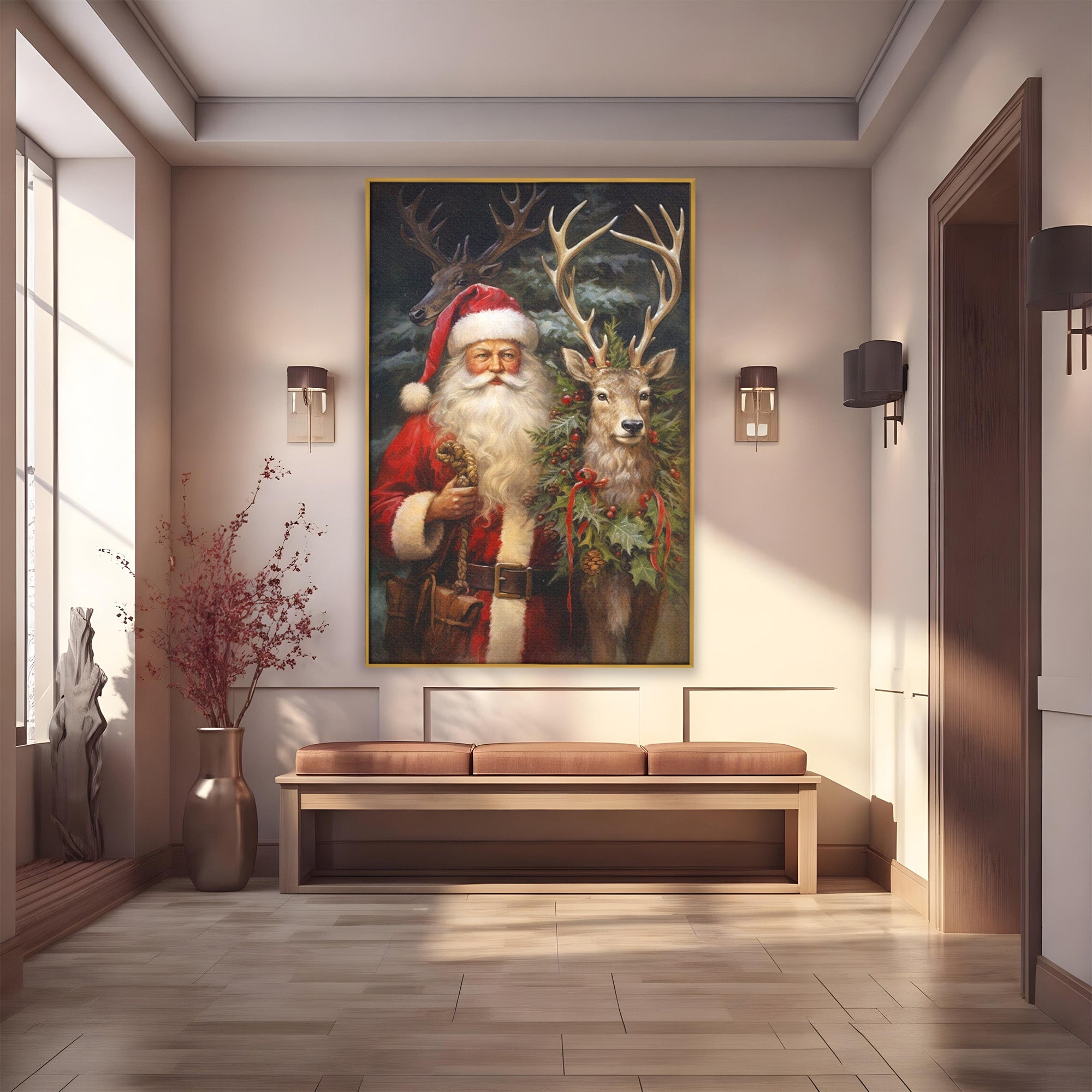 Tablou Canvas Premium LuxCanva® PI1108, Mos Craciun Si Renul, Bucurie, Copilarie, Iarna, Emotie, Sarbatori, Living, Culori Vibrante