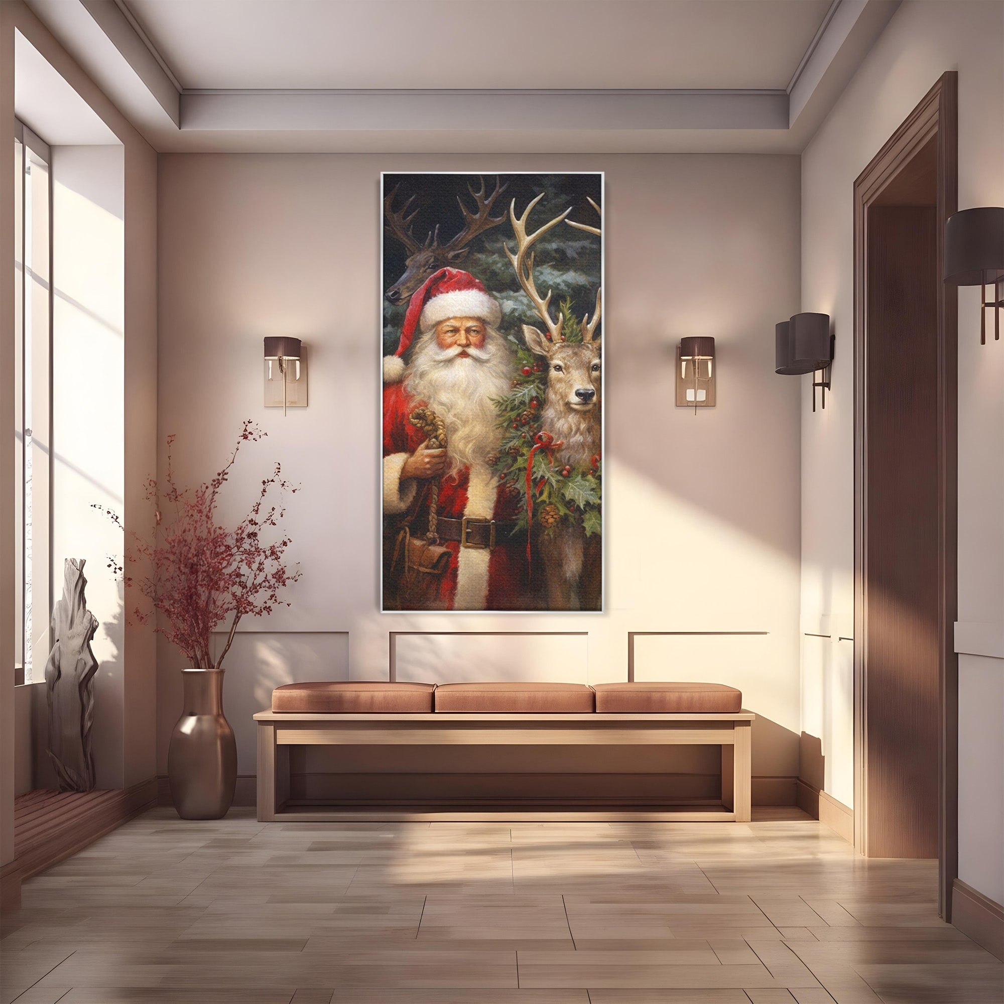 Tablou Canvas Premium LuxCanva® PI1108, Mos Craciun Si Renul, Bucurie, Copilarie, Iarna, Emotie, Sarbatori, Living, Culori Vibrante
