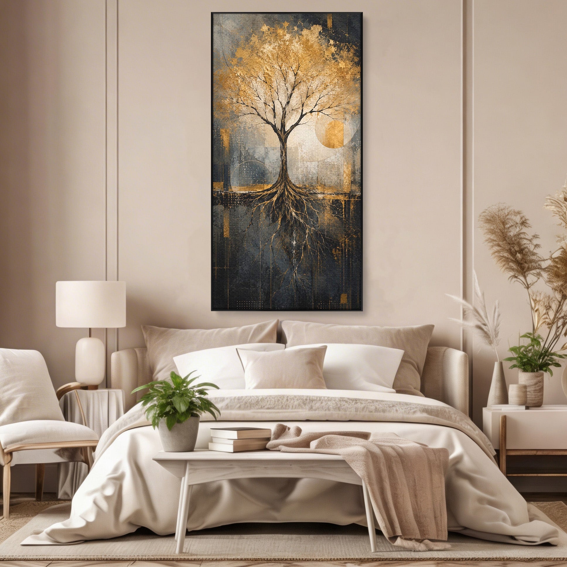 Tablou Canvas Premium LuxCanva® PI1109, Arborele Auriu, Copac, Natura, Auriu, Abstract, Living, Eleganta, Culori Vibrante