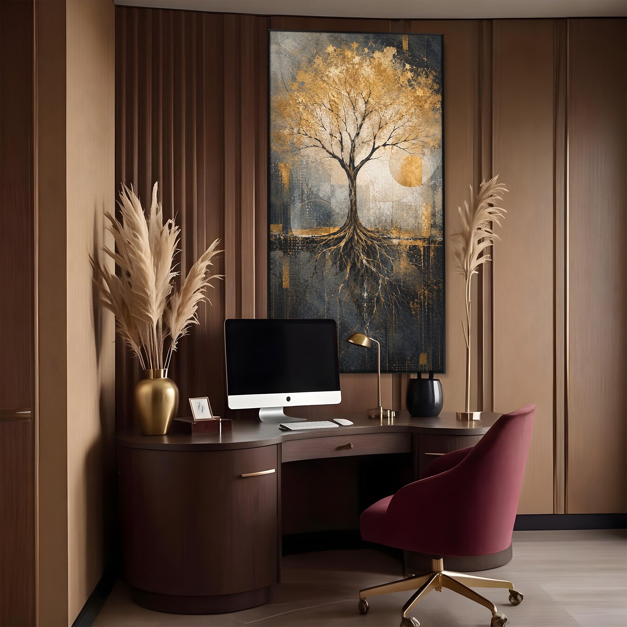 Tablou Canvas Premium LuxCanva® PI1109, Arborele Auriu, Copac, Natura, Auriu, Abstract, Living, Eleganta, Culori Vibrante