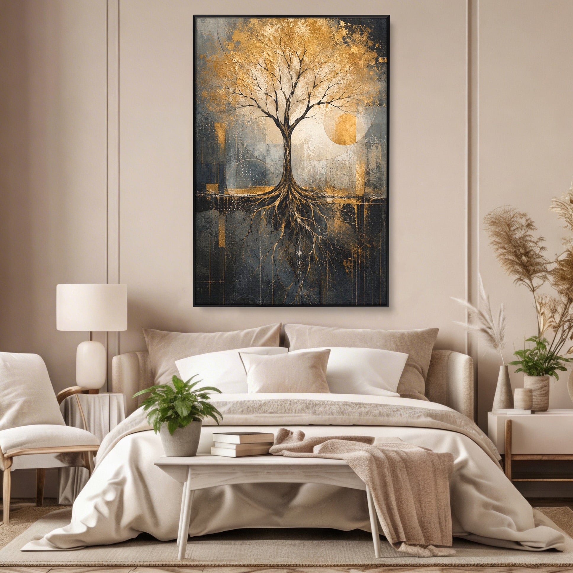 Tablou Canvas Premium LuxCanva® PI1109, Arborele Auriu, Copac, Natura, Auriu, Abstract, Living, Eleganta, Culori Vibrante
