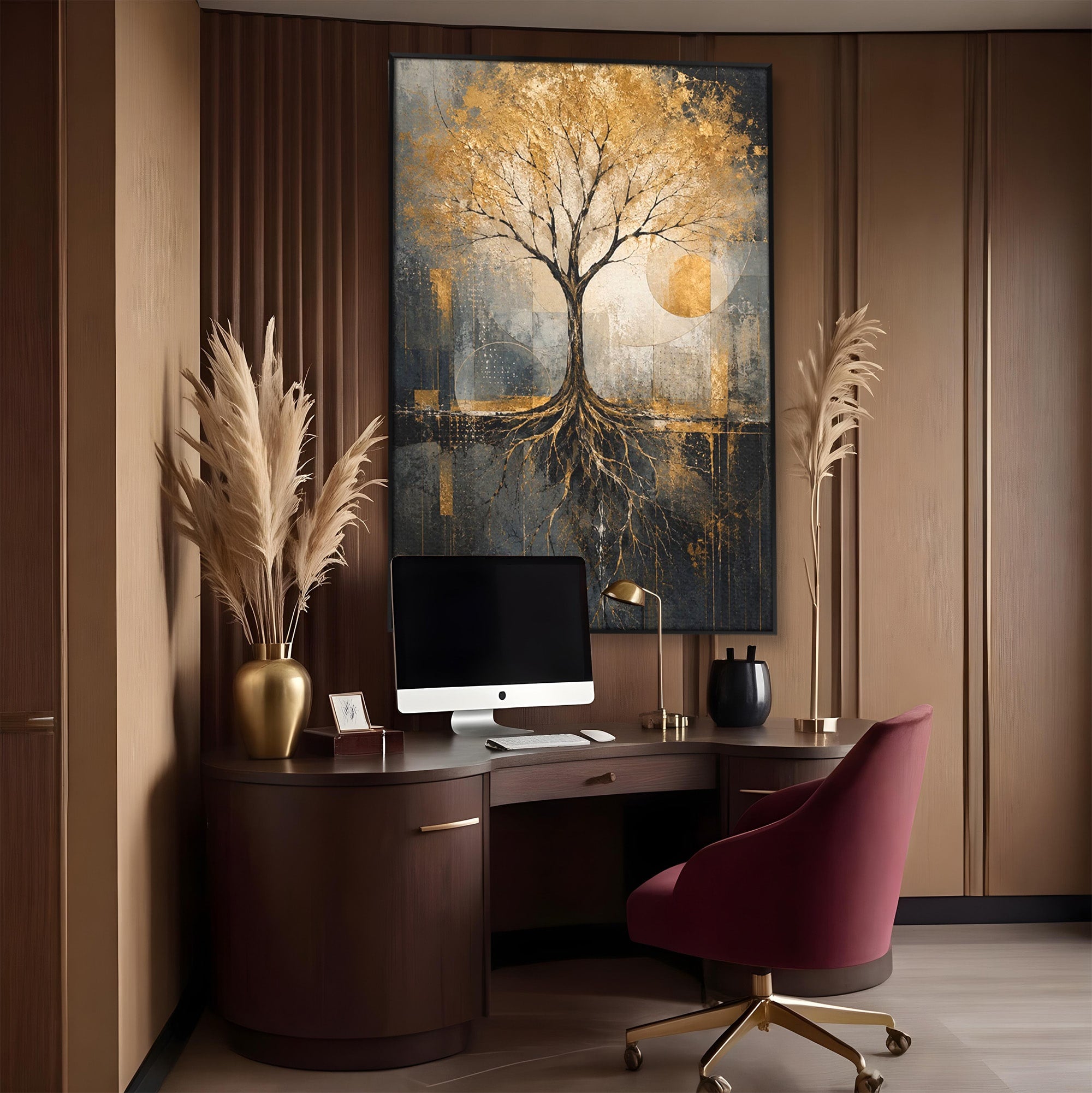 Tablou Canvas Premium LuxCanva® PI1109, Arborele Auriu, Copac, Natura, Auriu, Abstract, Living, Eleganta, Culori Vibrante