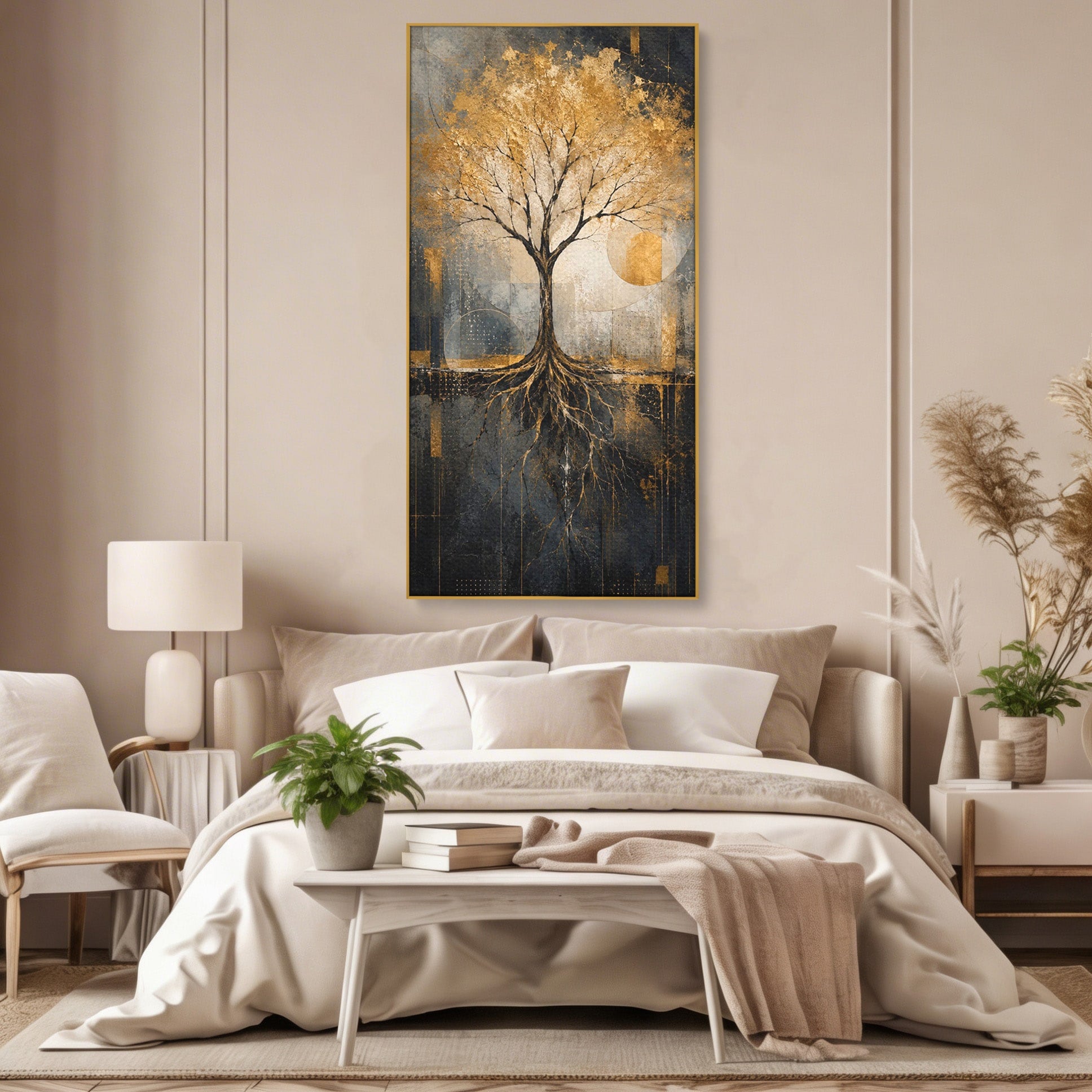 Tablou Canvas Premium LuxCanva® PI1109, Arborele Auriu, Copac, Natura, Auriu, Abstract, Living, Eleganta, Culori Vibrante