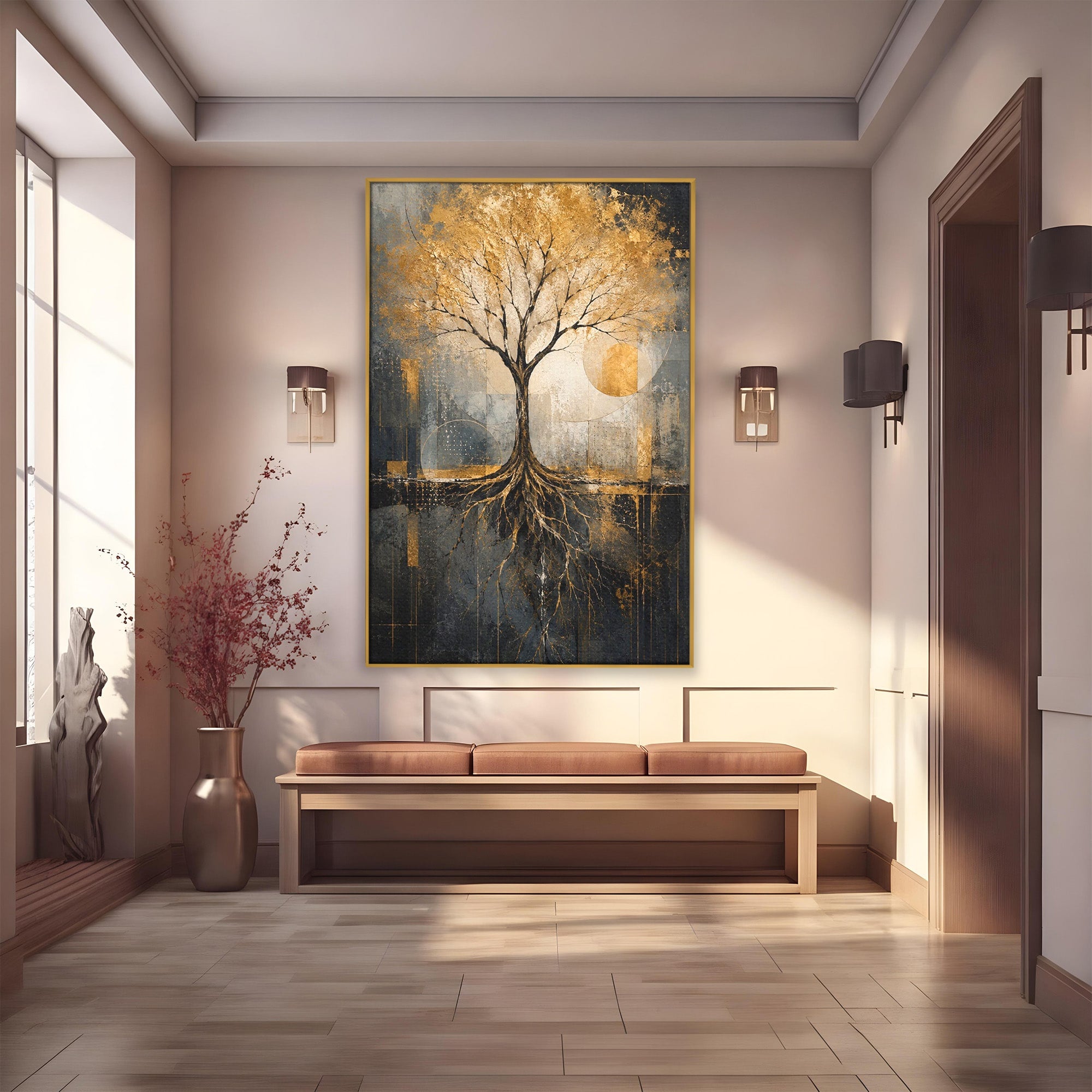 Tablou Canvas Premium LuxCanva® PI1109, Arborele Auriu, Copac, Natura, Auriu, Abstract, Living, Eleganta, Culori Vibrante