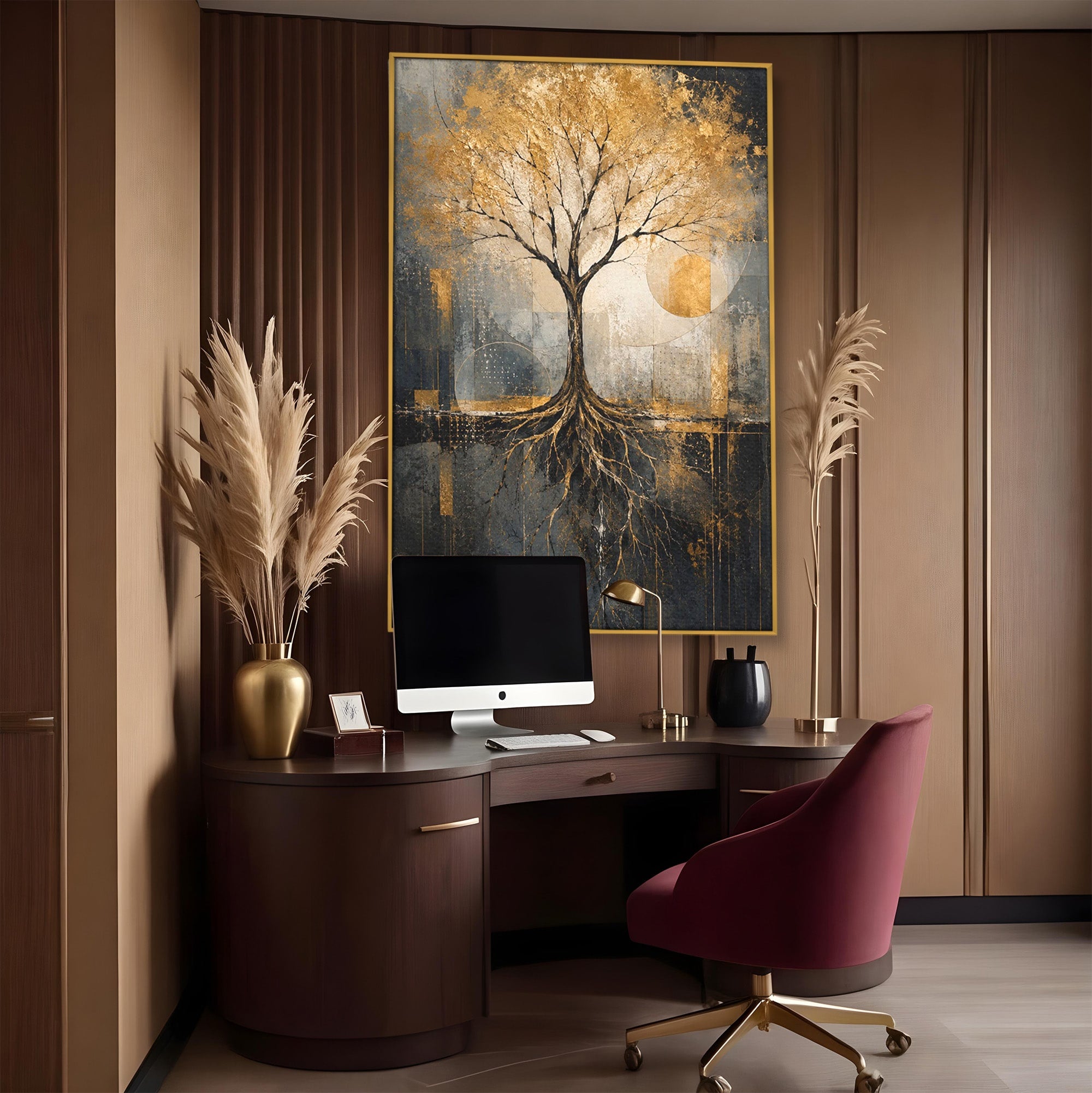 Tablou Canvas Premium LuxCanva® PI1109, Arborele Auriu, Copac, Natura, Auriu, Abstract, Living, Eleganta, Culori Vibrante