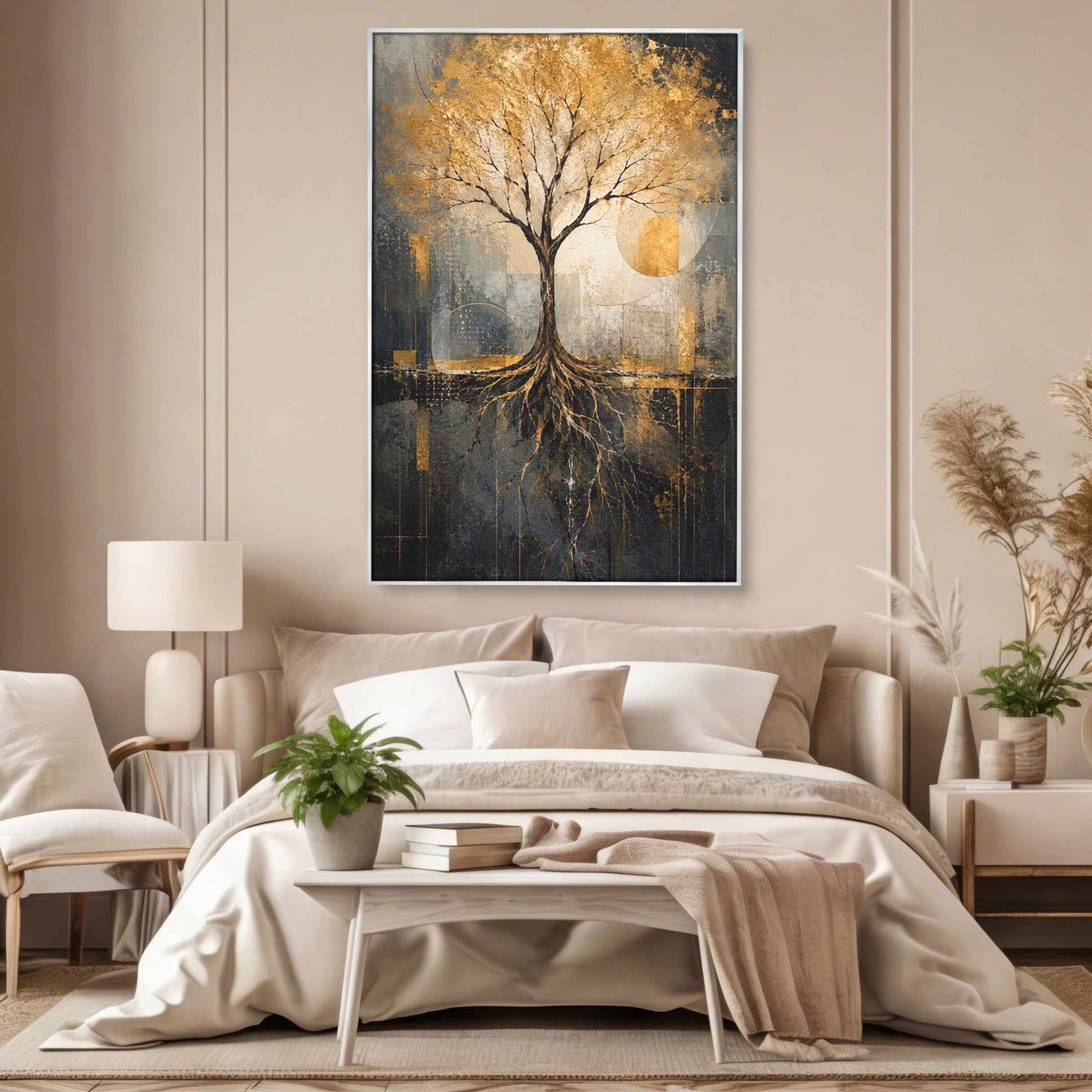 Tablou Canvas Premium LuxCanva® PI1109, Arborele Auriu, Copac, Natura, Auriu, Abstract, Living, Eleganta, Culori Vibrante