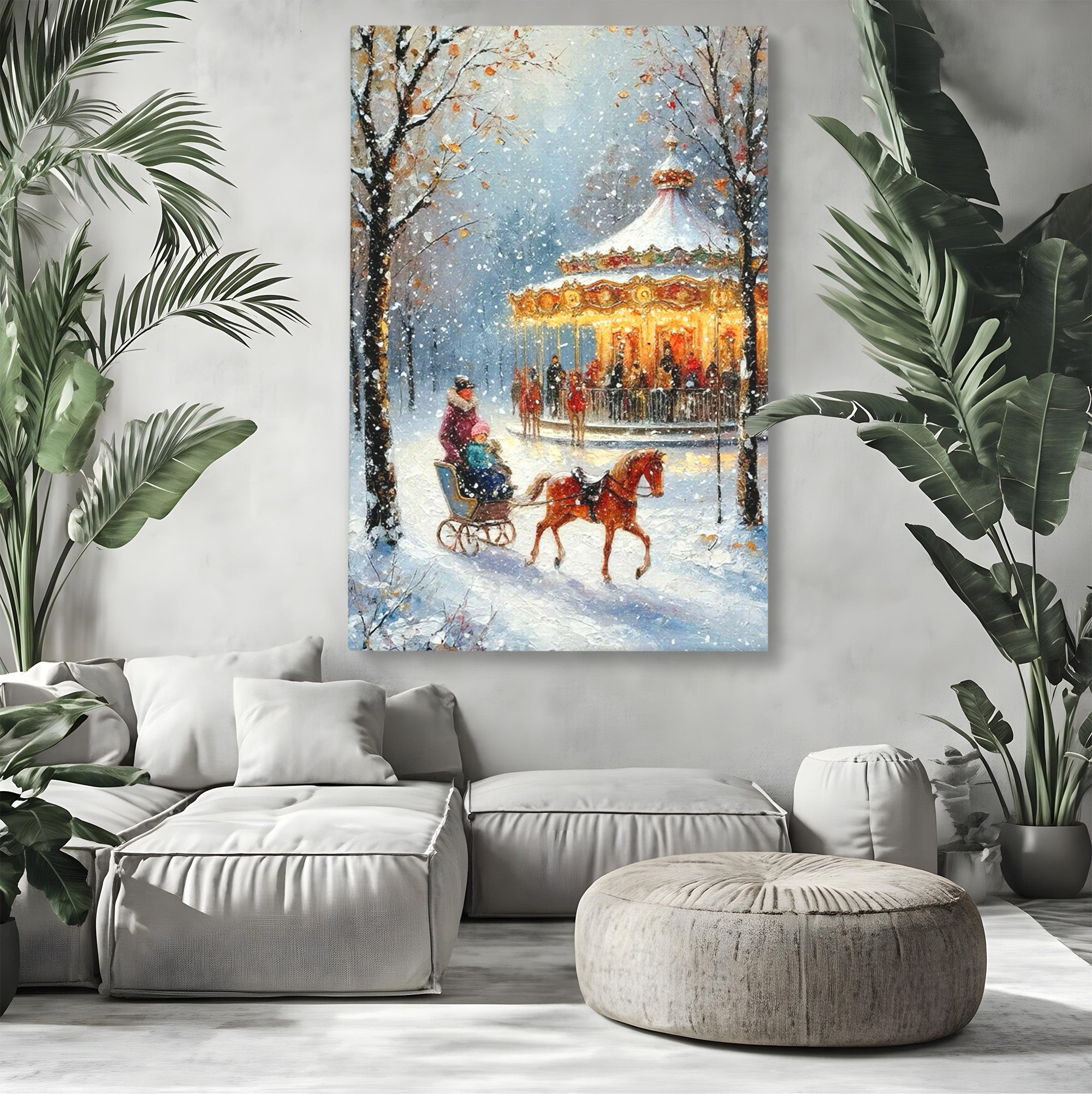 Tablou Canvas Premium LuxCanva® PI1110, Plimbare Cu Sania In Parc, Iarna, Carusel, Armasar, Zapada, Nostalgie, Living, Dormitor, Culori Vibrante