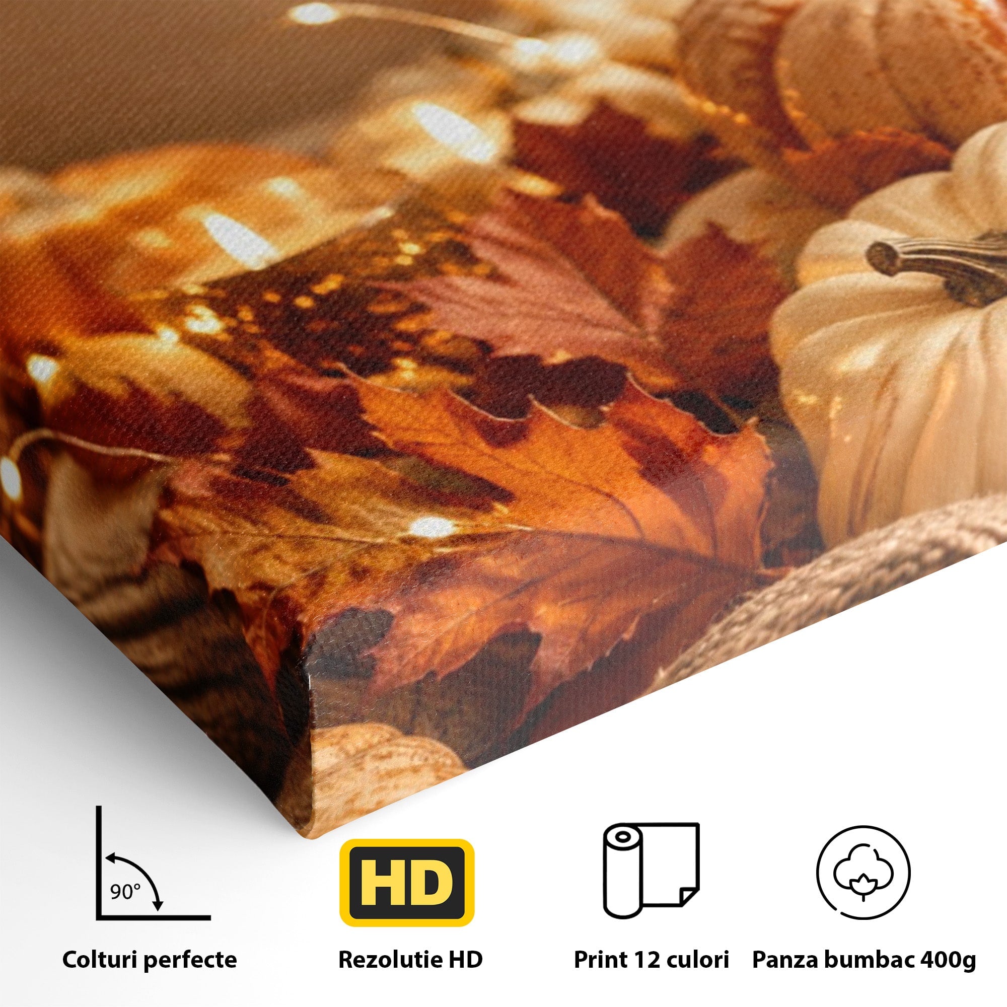 Tablou Canvas Premium LuxCanva® PI1112, Toamna Cocheta, Lumini, Dovleci, Frunze, Living, Decor, Caldura, Culori Vibrante