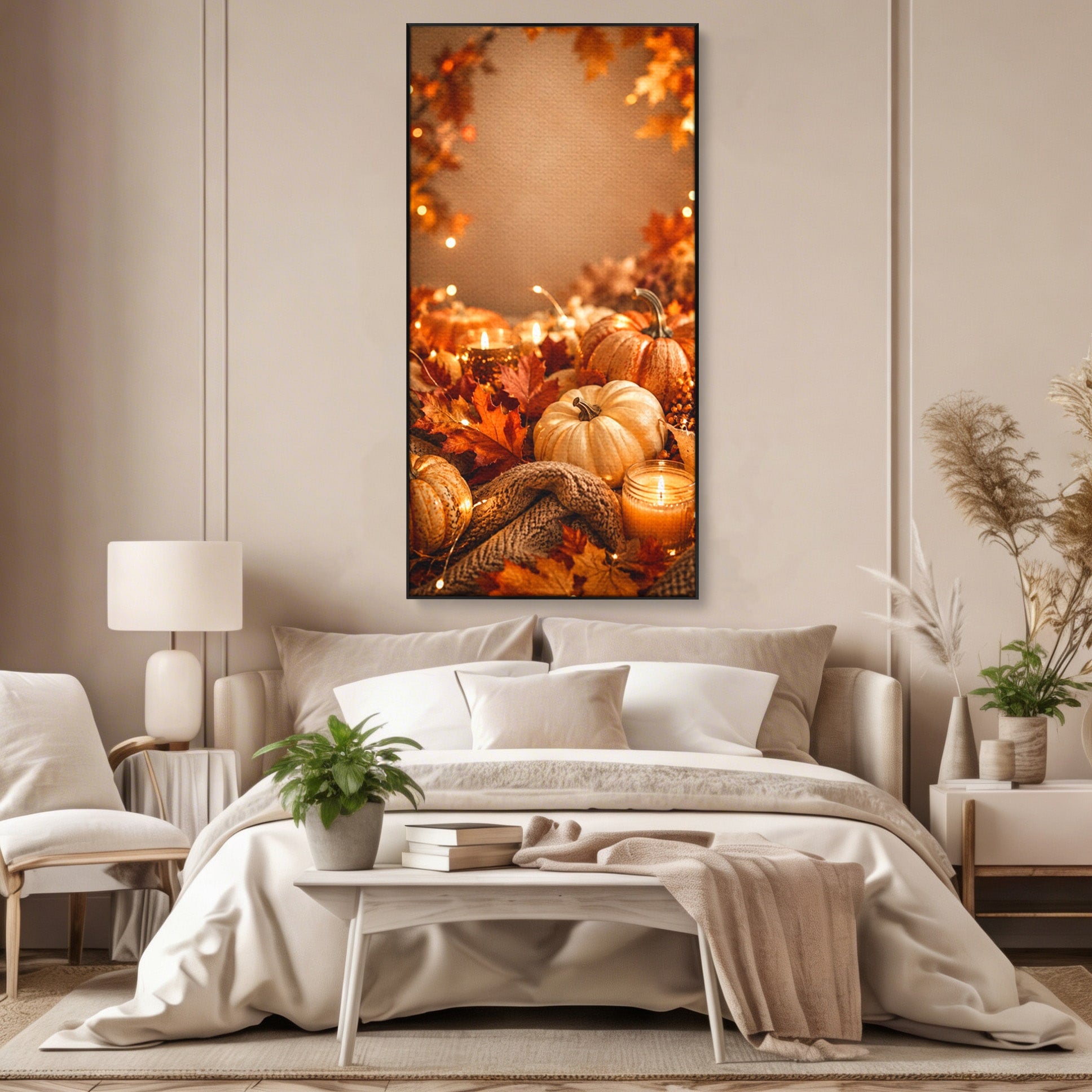 Tablou Canvas Premium LuxCanva® PI1112, Toamna Cocheta, Lumini, Dovleci, Frunze, Living, Decor, Caldura, Culori Vibrante