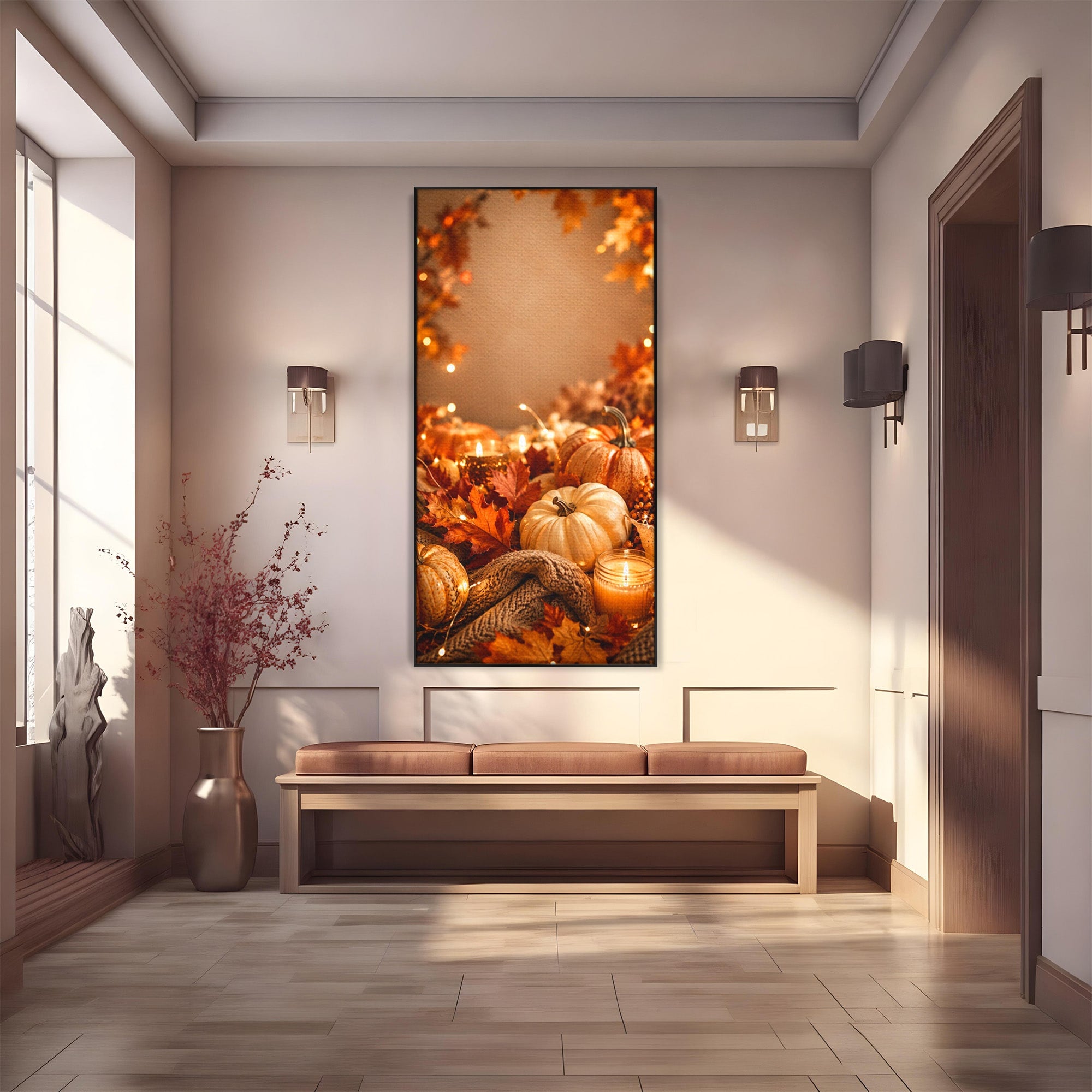 Tablou Canvas Premium LuxCanva® PI1112, Toamna Cocheta, Lumini, Dovleci, Frunze, Living, Decor, Caldura, Culori Vibrante