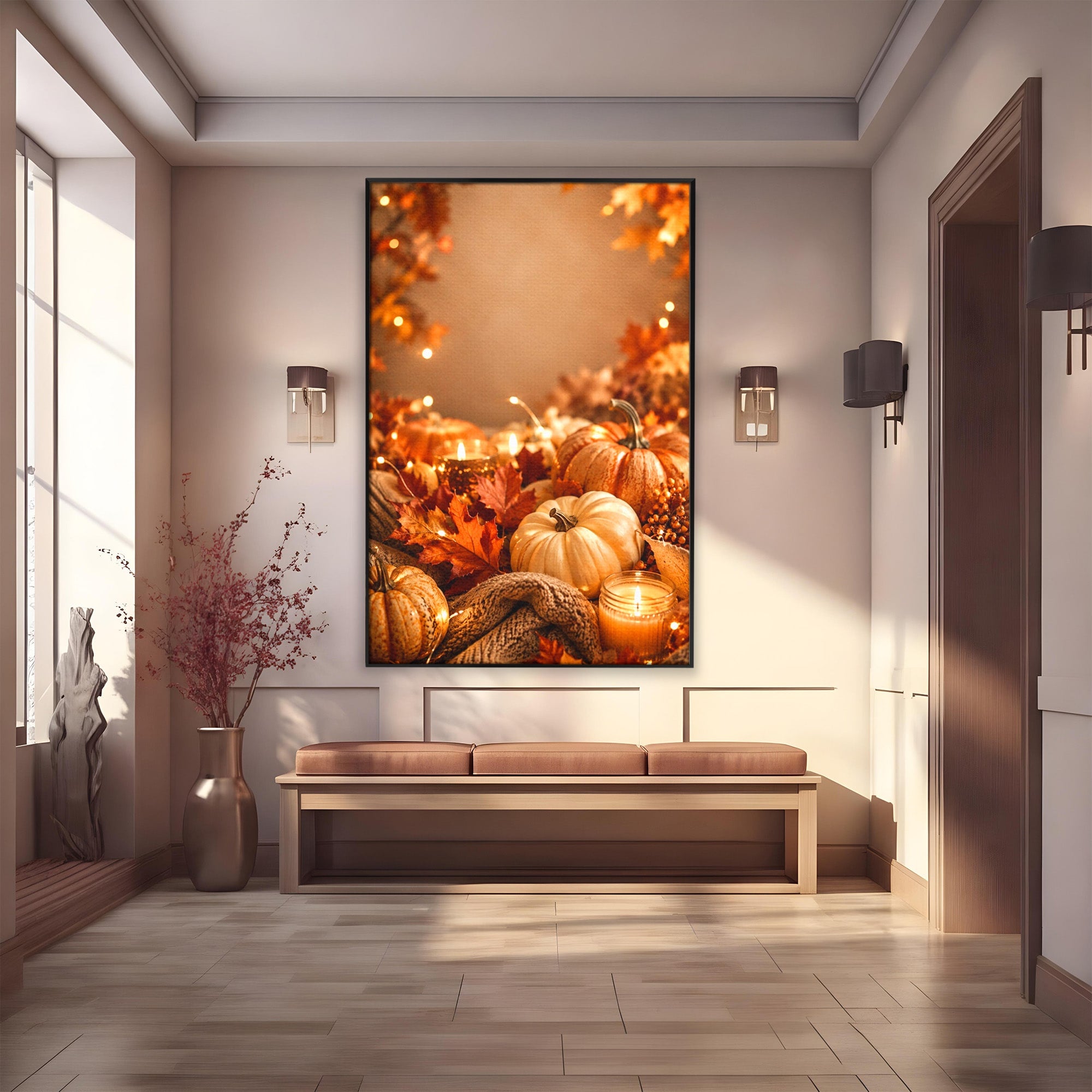 Tablou Canvas Premium LuxCanva® PI1112, Toamna Cocheta, Lumini, Dovleci, Frunze, Living, Decor, Caldura, Culori Vibrante