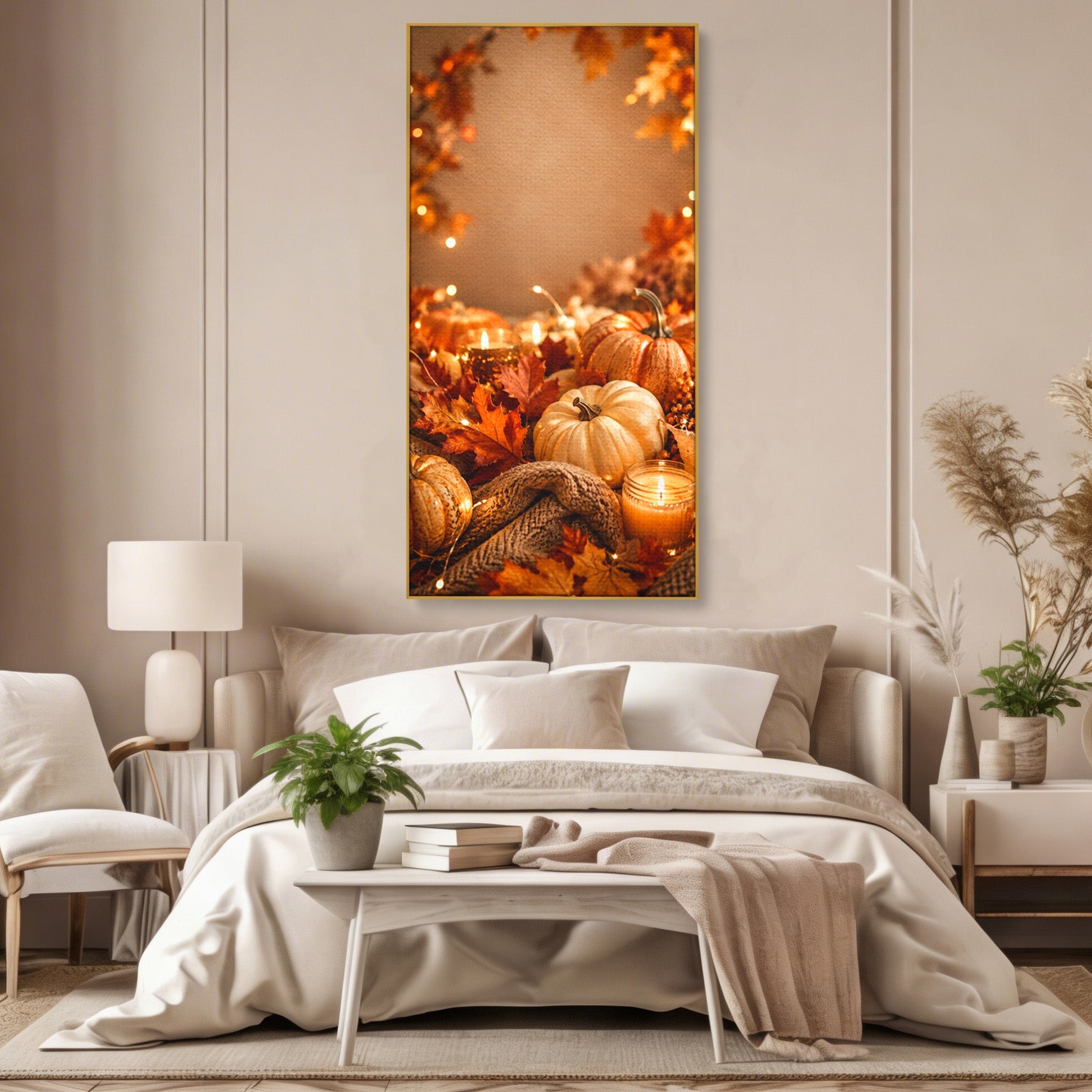 Tablou Canvas Premium LuxCanva® PI1112, Toamna Cocheta, Lumini, Dovleci, Frunze, Living, Decor, Caldura, Culori Vibrante