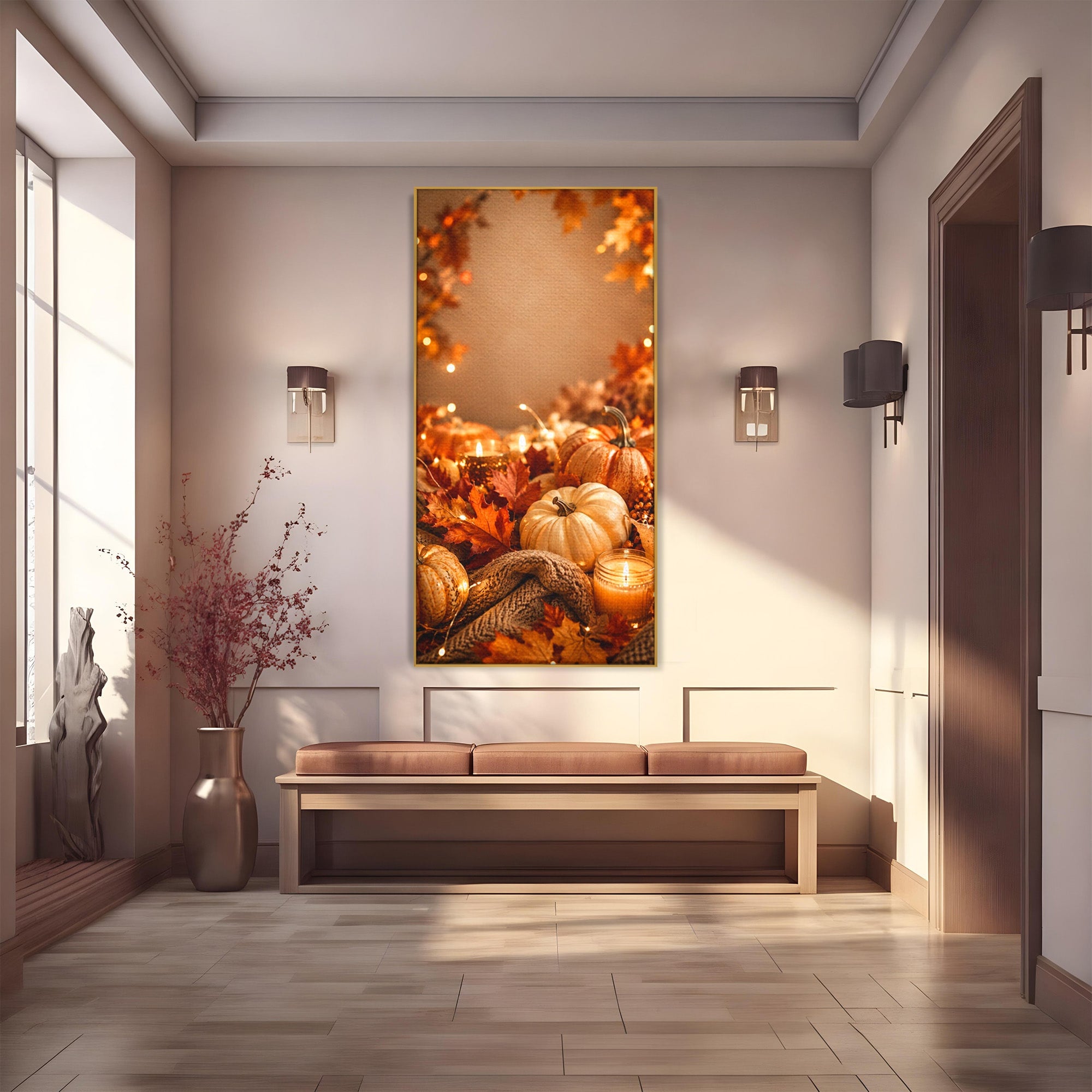 Tablou Canvas Premium LuxCanva® PI1112, Toamna Cocheta, Lumini, Dovleci, Frunze, Living, Decor, Caldura, Culori Vibrante