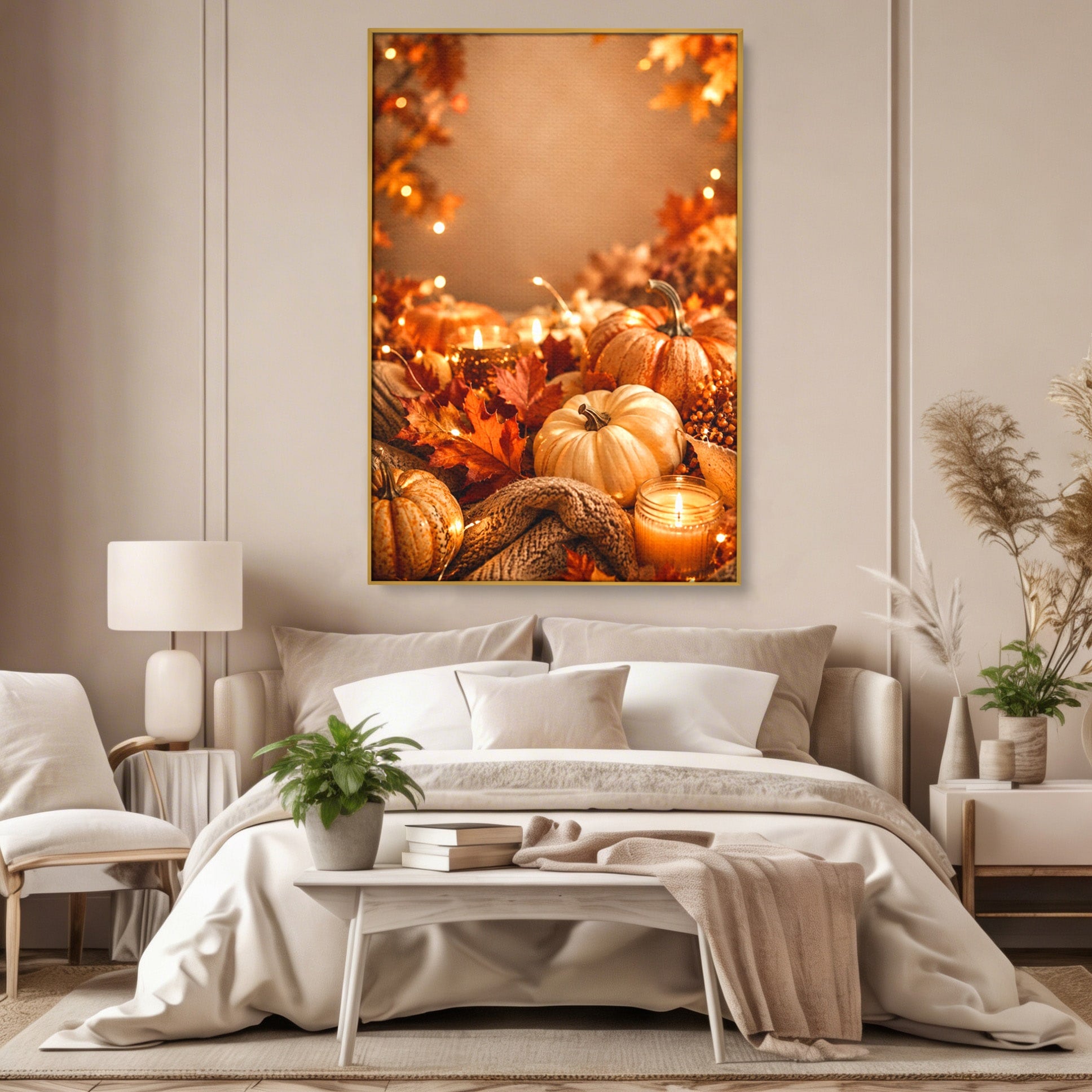 Tablou Canvas Premium LuxCanva® PI1112, Toamna Cocheta, Lumini, Dovleci, Frunze, Living, Decor, Caldura, Culori Vibrante
