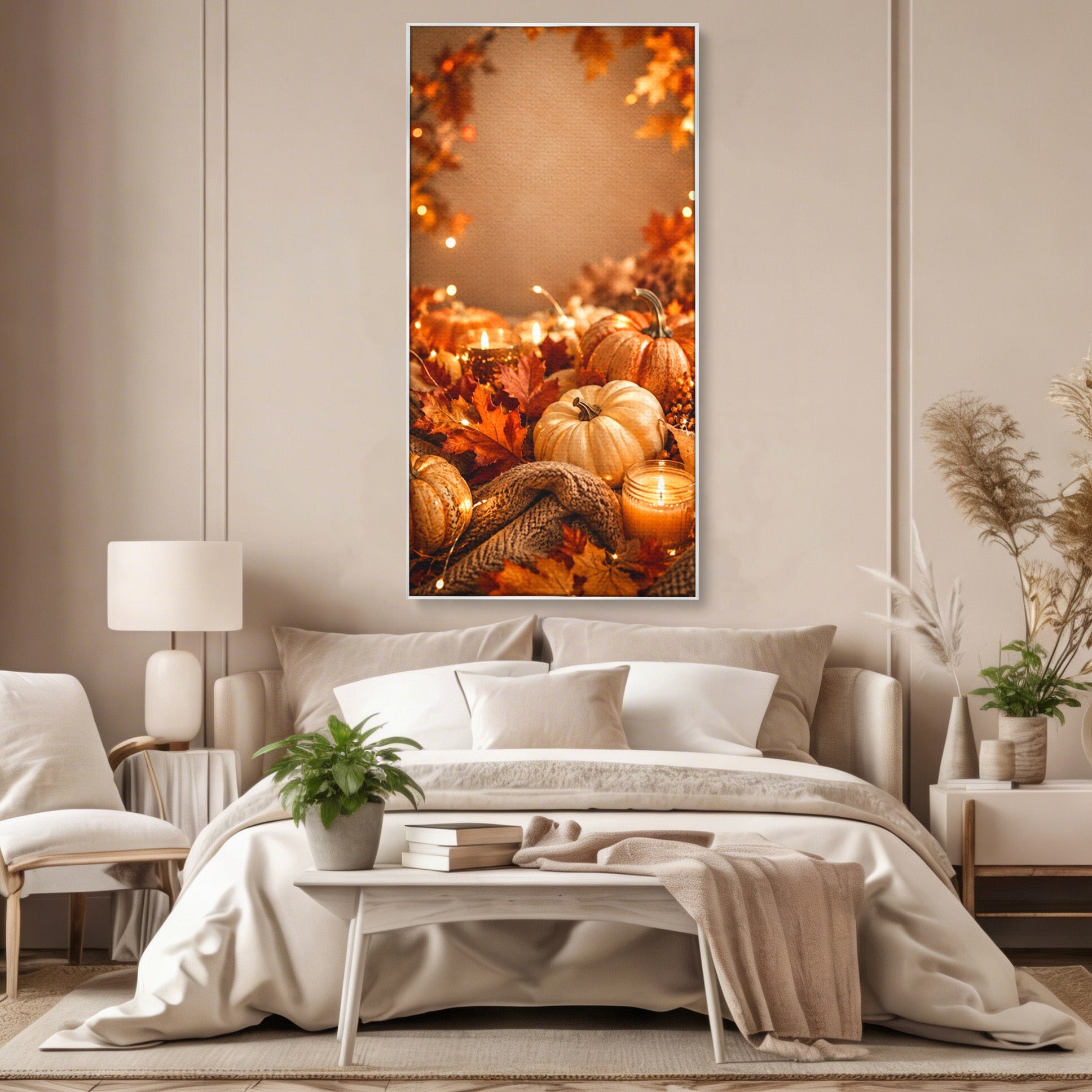 Tablou Canvas Premium LuxCanva® PI1112, Toamna Cocheta, Lumini, Dovleci, Frunze, Living, Decor, Caldura, Culori Vibrante