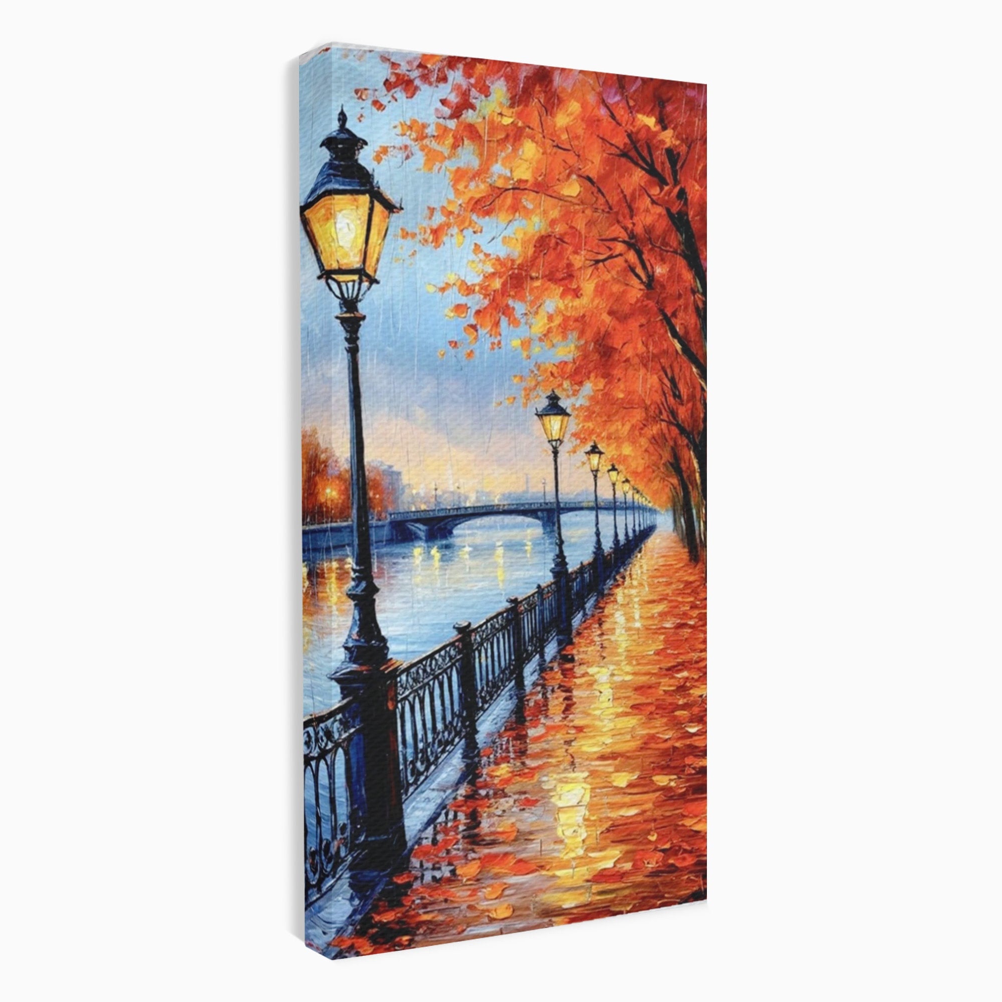 Tablou Canvas Premium LuxCanva® PI1115, Promenada Toamnei, Felinar, Parc, Peisaj, Rau, Living, Culori Vibrante