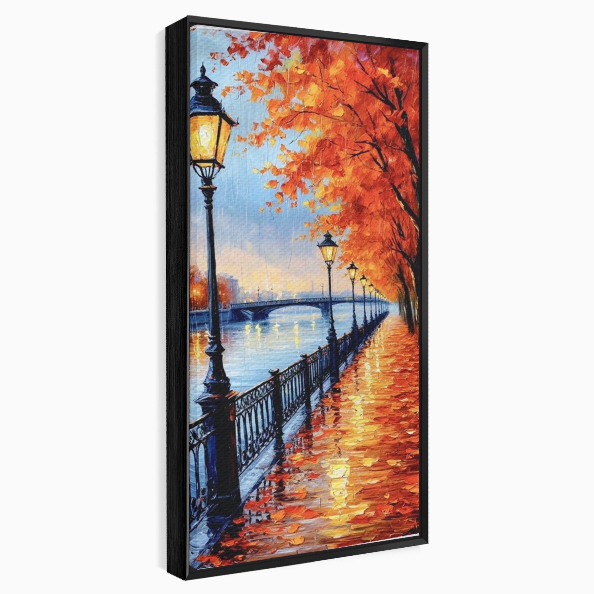 Tablou Canvas Premium LuxCanva® PI1115, Promenada Toamnei, Felinar, Parc, Peisaj, Rau, Living, Culori Vibrante