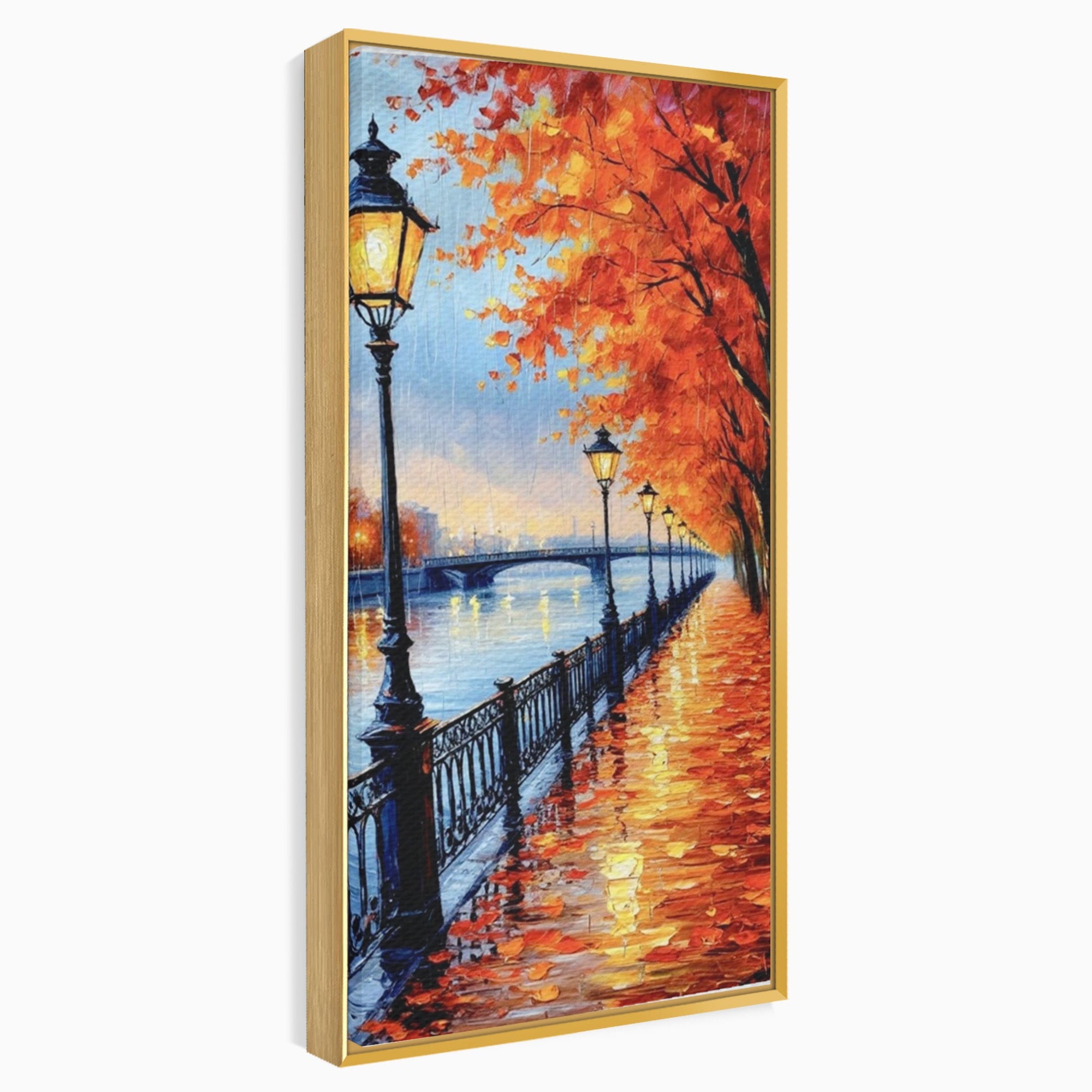 Tablou Canvas Premium LuxCanva® PI1115, Promenada Toamnei, Felinar, Parc, Peisaj, Rau, Living, Culori Vibrante
