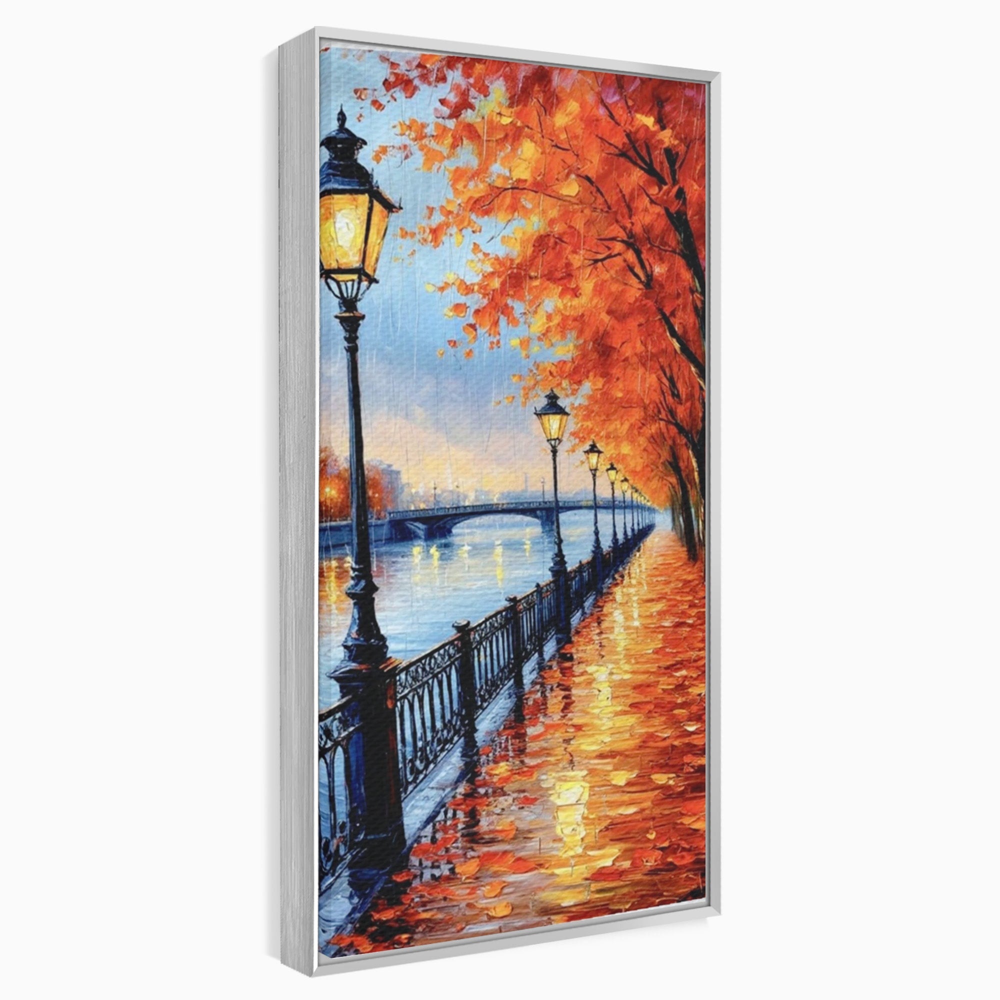 Tablou Canvas Premium LuxCanva® PI1115, Promenada Toamnei, Felinar, Parc, Peisaj, Rau, Living, Culori Vibrante