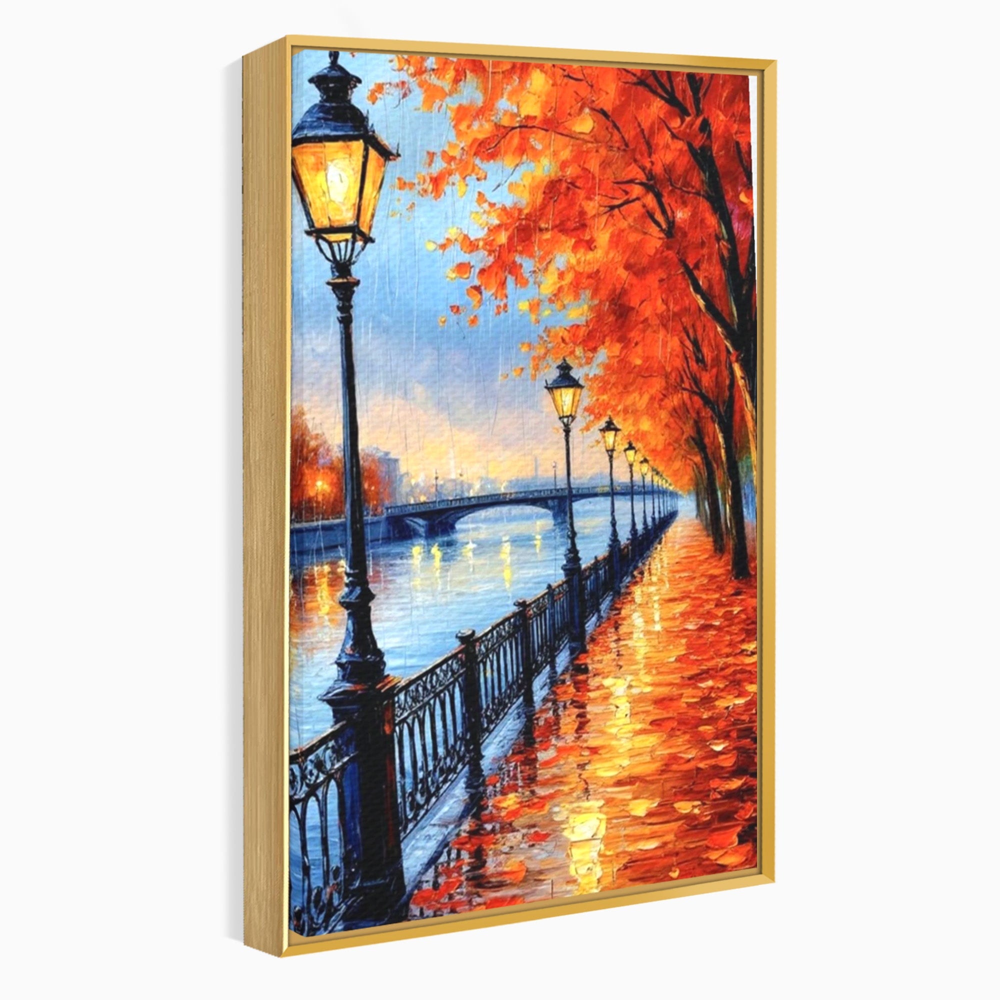Tablou Canvas Premium LuxCanva® PI1115, Promenada Toamnei, Felinar, Parc, Peisaj, Rau, Living, Culori Vibrante