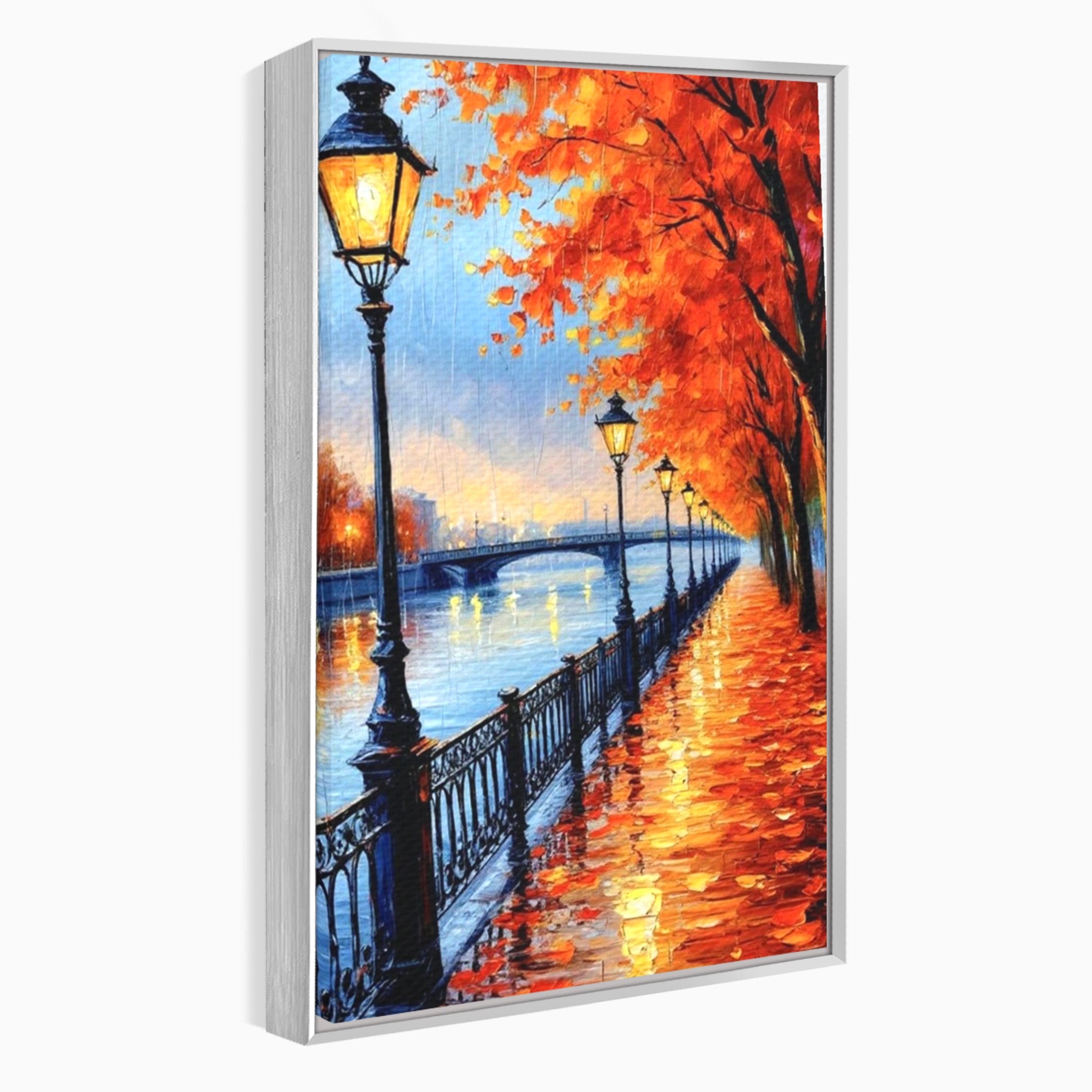 Tablou Canvas Premium LuxCanva® PI1115, Promenada Toamnei, Felinar, Parc, Peisaj, Rau, Living, Culori Vibrante