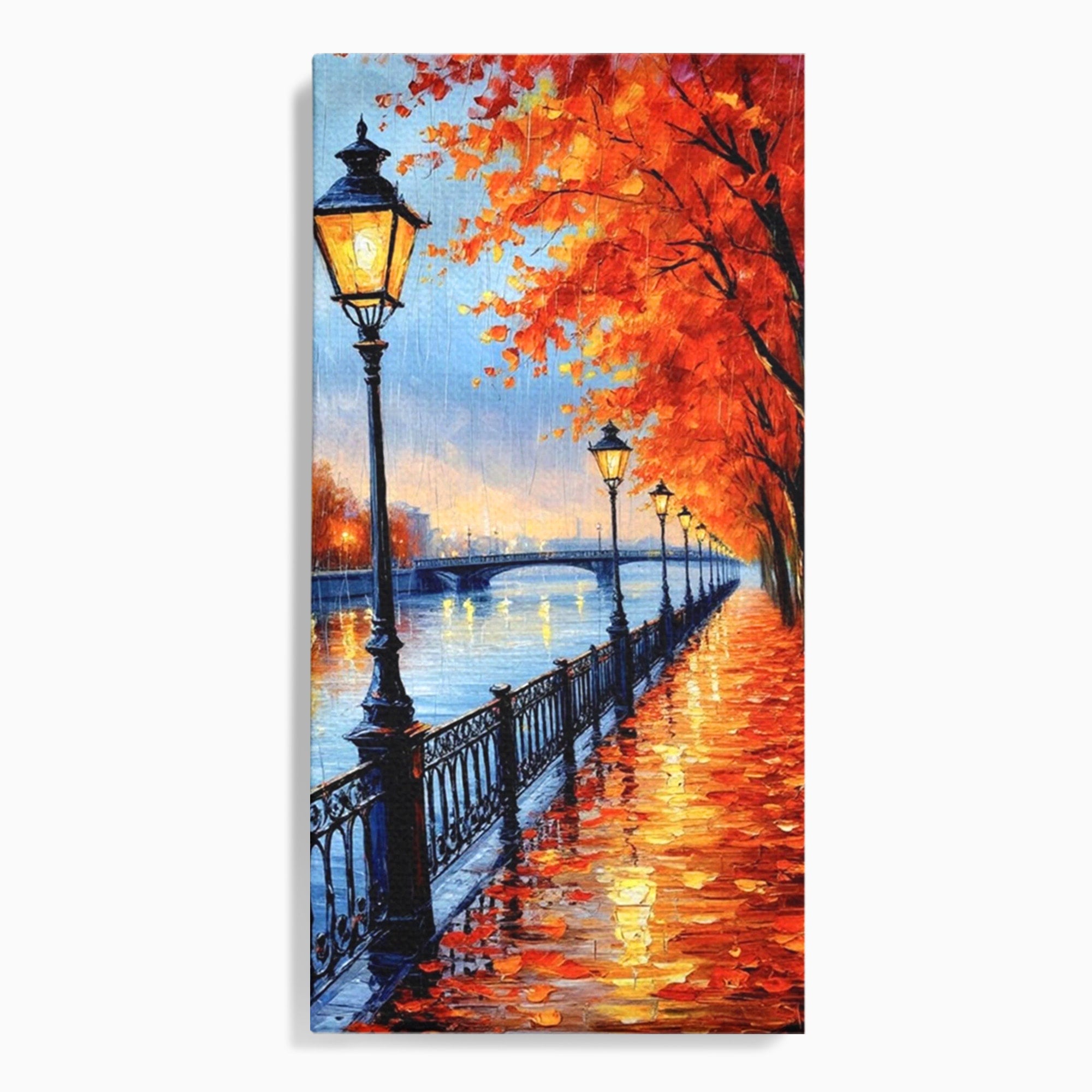 Tablou Canvas Premium LuxCanva® PI1115, Promenada Toamnei, Felinar, Parc, Peisaj, Rau, Living, Culori Vibrante