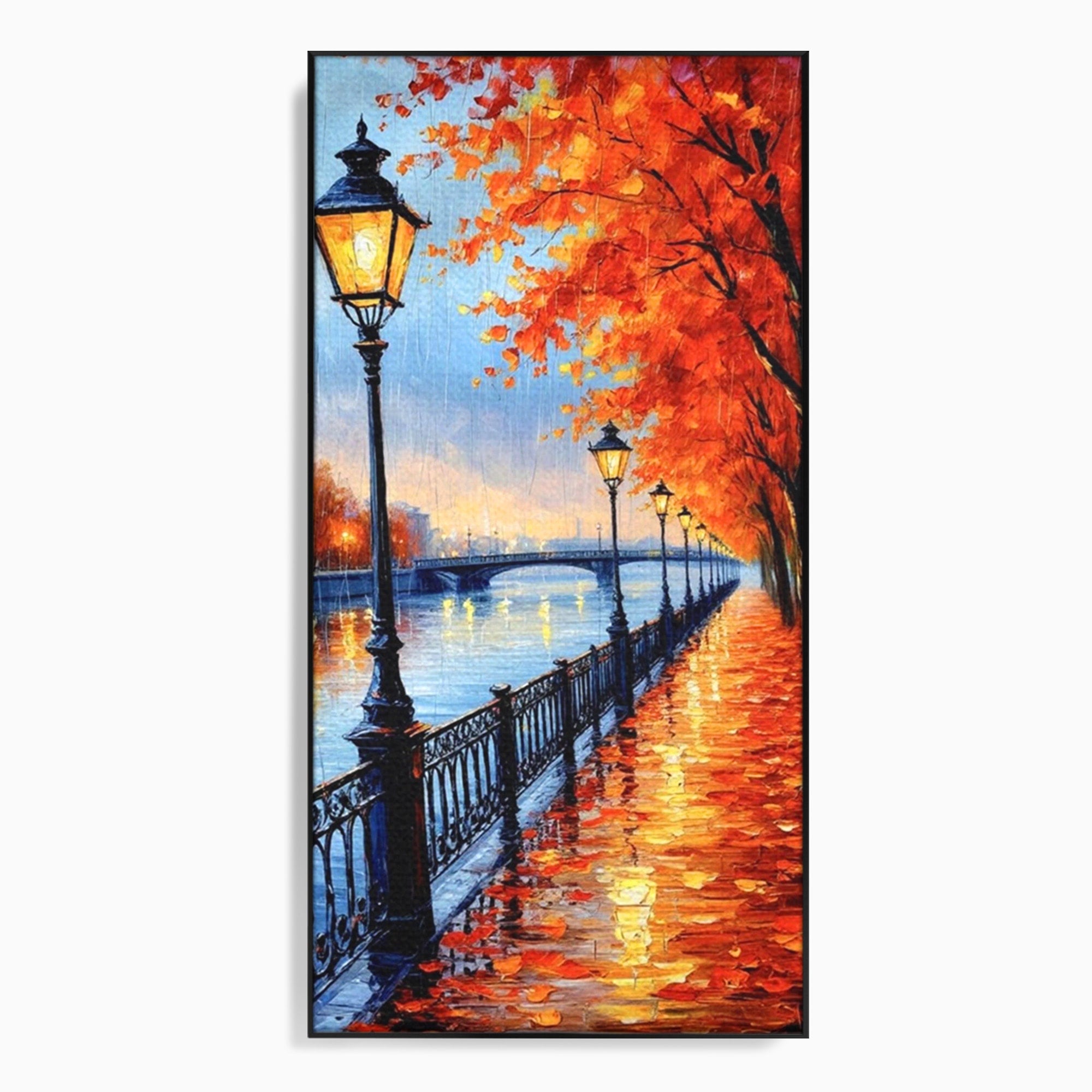 Tablou Canvas Premium LuxCanva® PI1115, Promenada Toamnei, Felinar, Parc, Peisaj, Rau, Living, Culori Vibrante