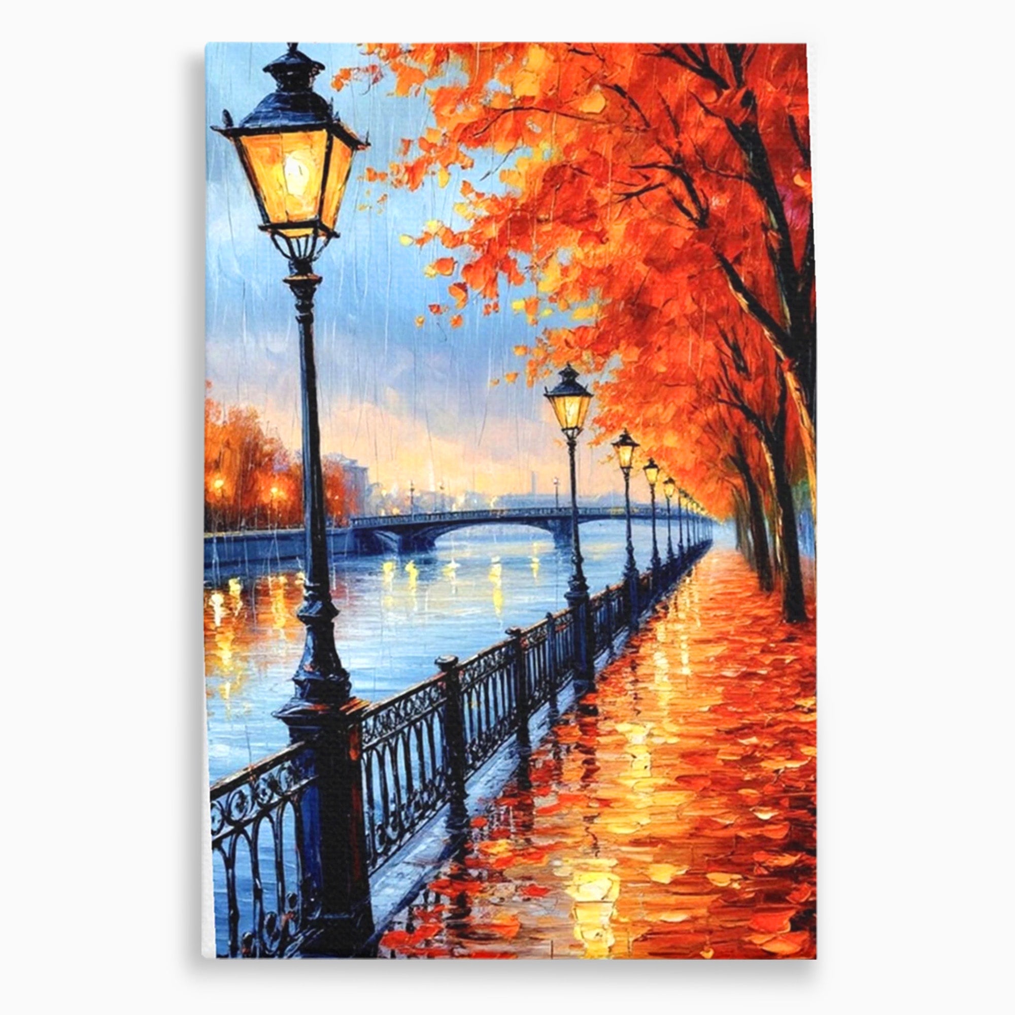 Tablou Canvas Premium LuxCanva® PI1115, Promenada Toamnei, Felinar, Parc, Peisaj, Rau, Living, Culori Vibrante