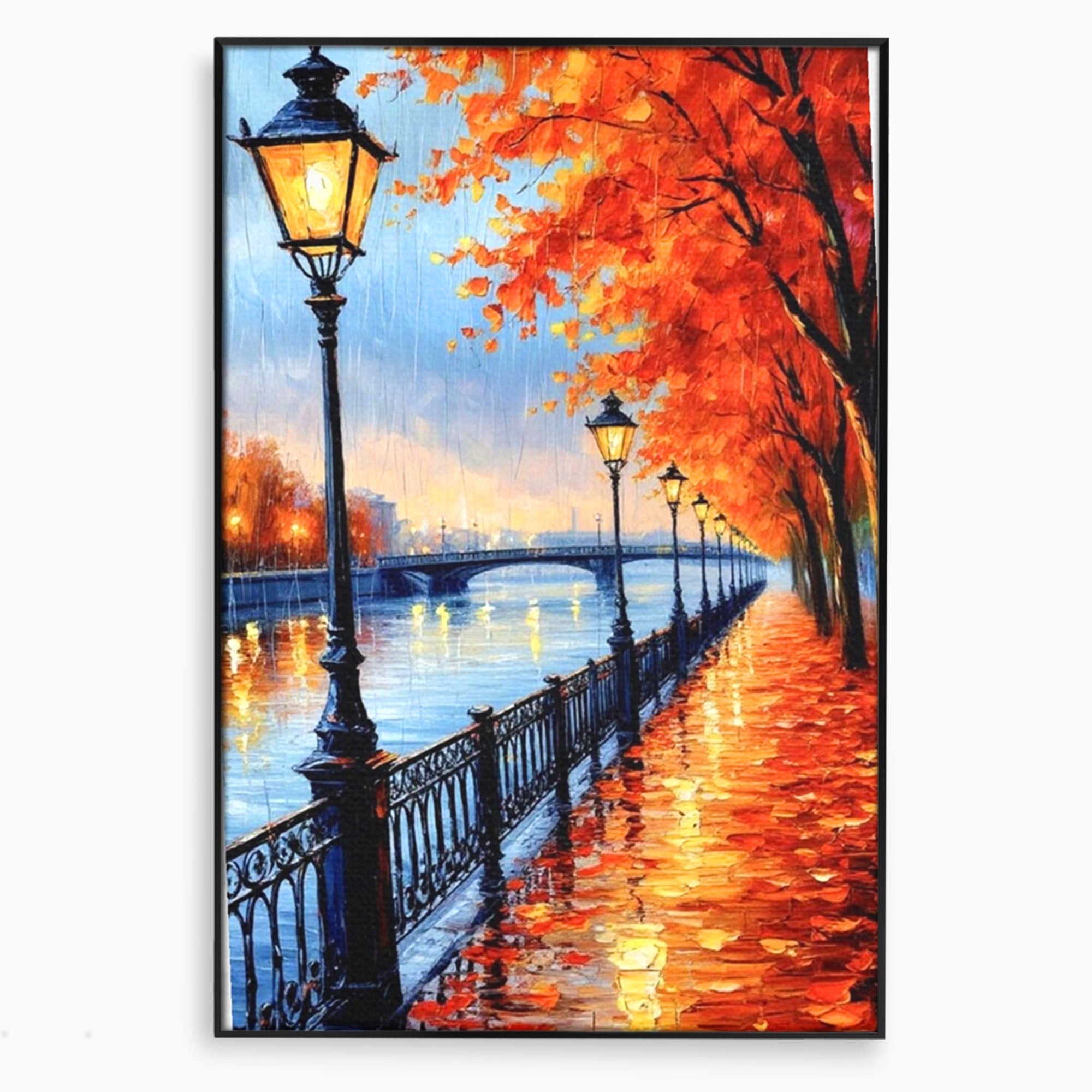 Tablou Canvas Premium LuxCanva® PI1115, Promenada Toamnei, Felinar, Parc, Peisaj, Rau, Living, Culori Vibrante