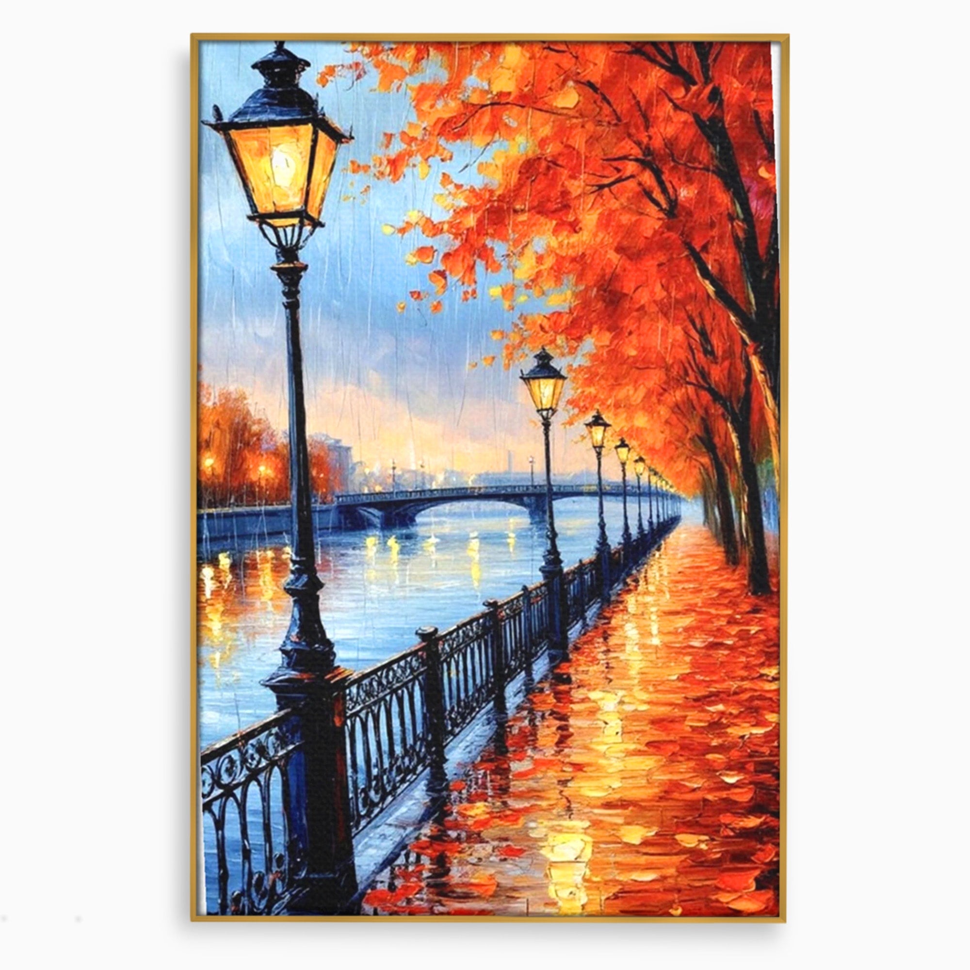 Tablou Canvas Premium LuxCanva® PI1115, Promenada Toamnei, Felinar, Parc, Peisaj, Rau, Living, Culori Vibrante