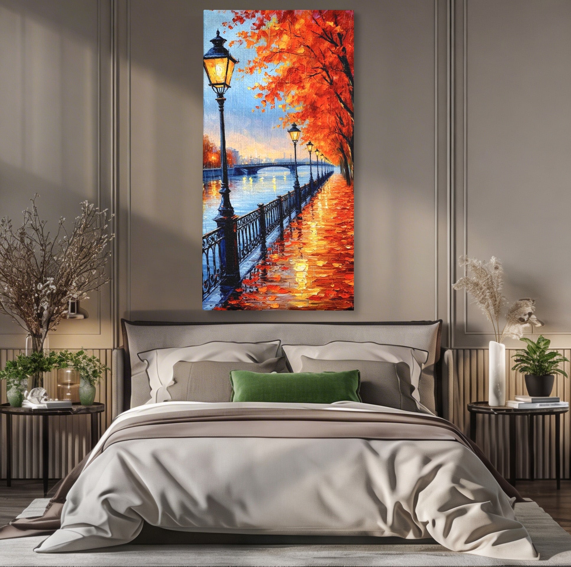 Tablou Canvas Premium LuxCanva® PI1115, Promenada Toamnei, Felinar, Parc, Peisaj, Rau, Living, Culori Vibrante
