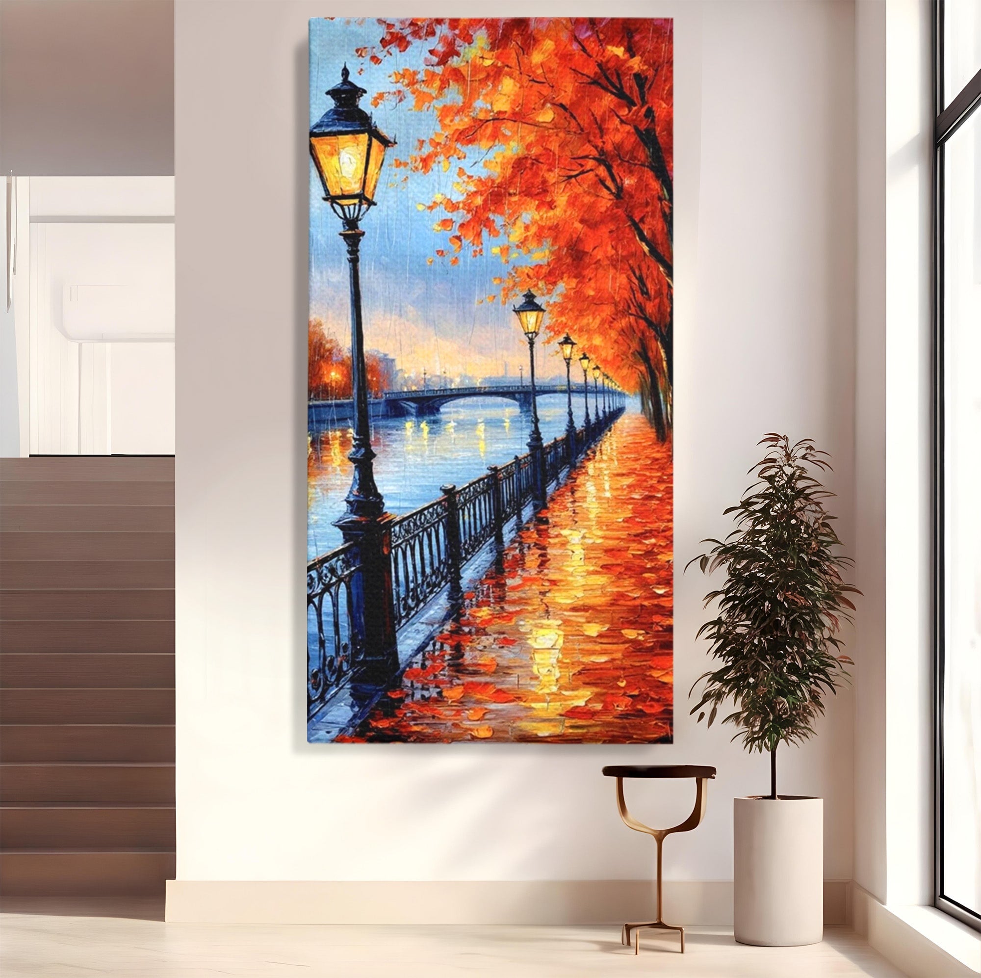Tablou Canvas Premium LuxCanva® PI1115, Promenada Toamnei, Felinar, Parc, Peisaj, Rau, Living, Culori Vibrante