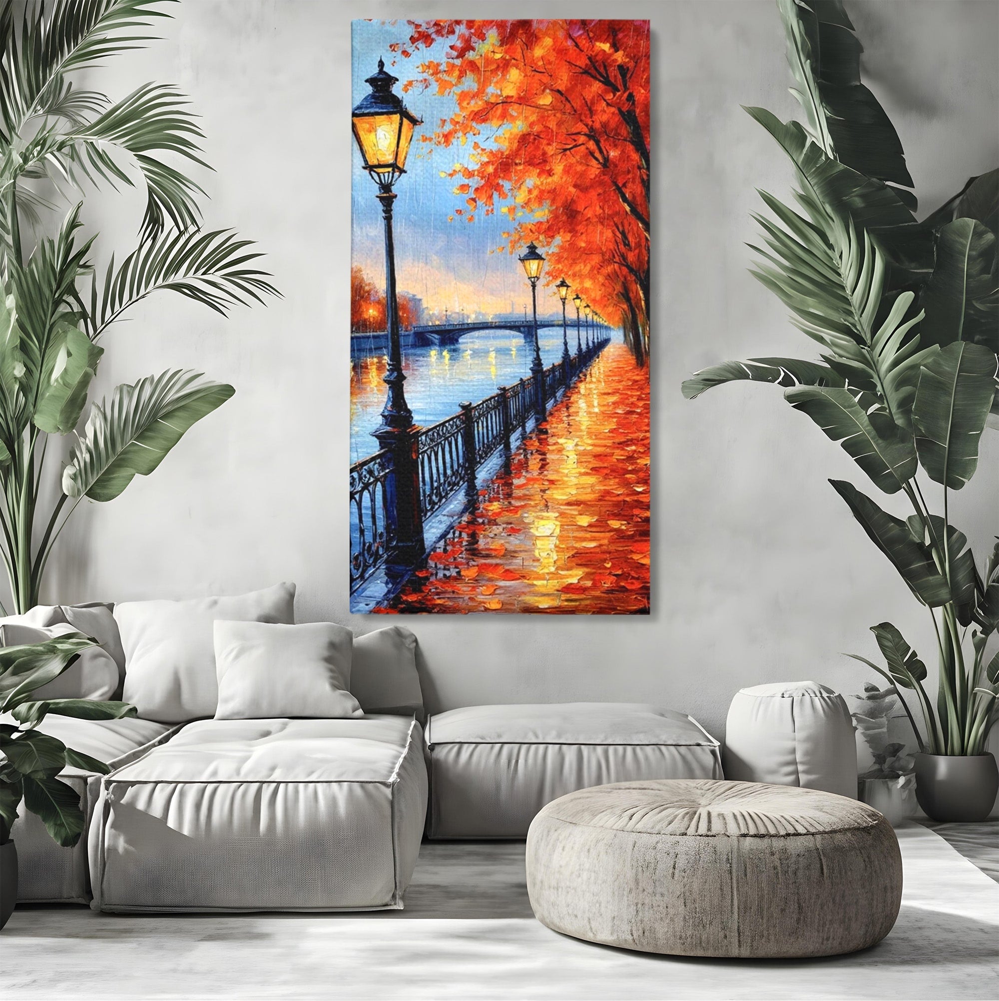 Tablou Canvas Premium LuxCanva® PI1115, Promenada Toamnei, Felinar, Parc, Peisaj, Rau, Living, Culori Vibrante