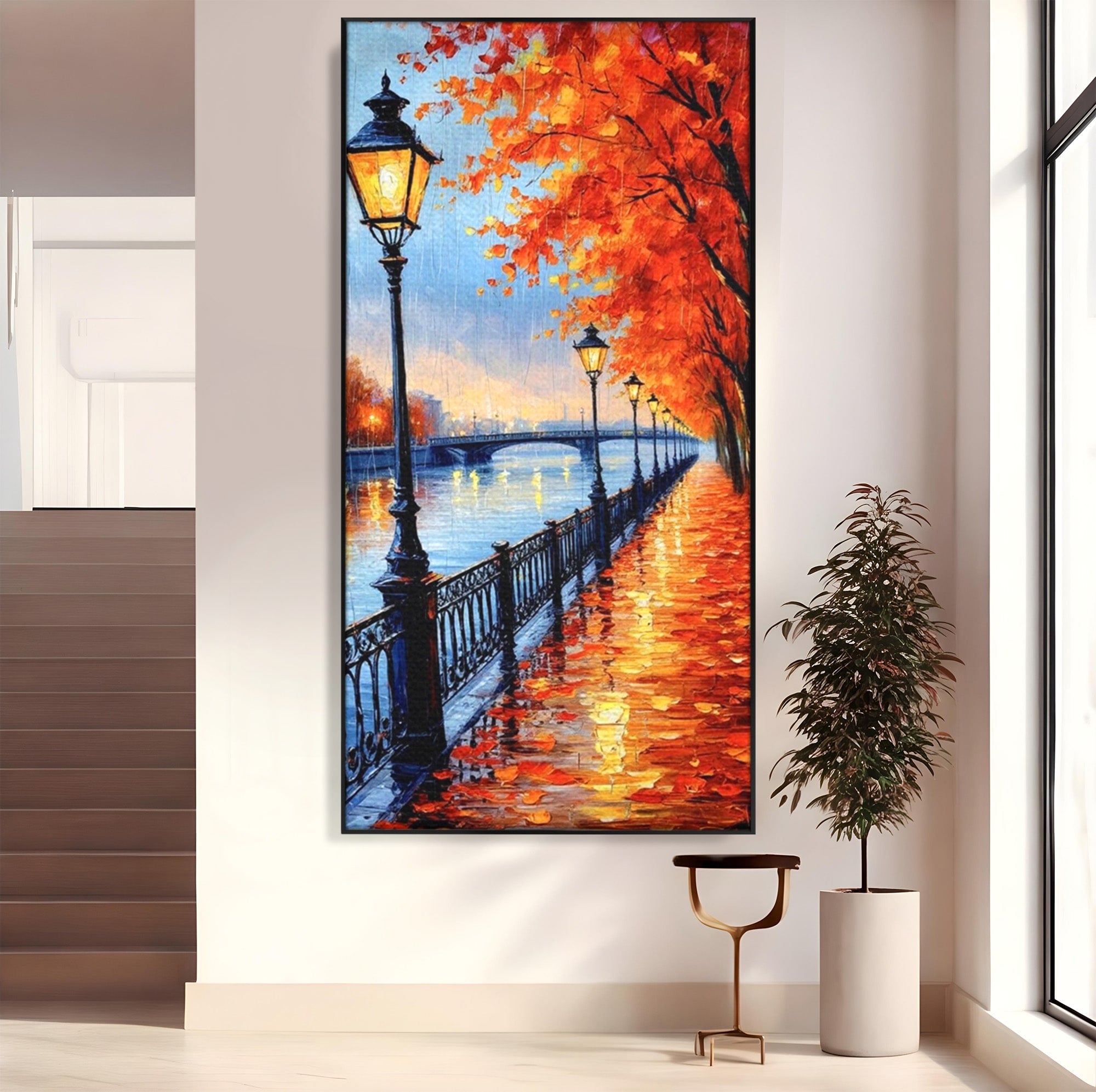 Tablou Canvas Premium LuxCanva® PI1115, Promenada Toamnei, Felinar, Parc, Peisaj, Rau, Living, Culori Vibrante
