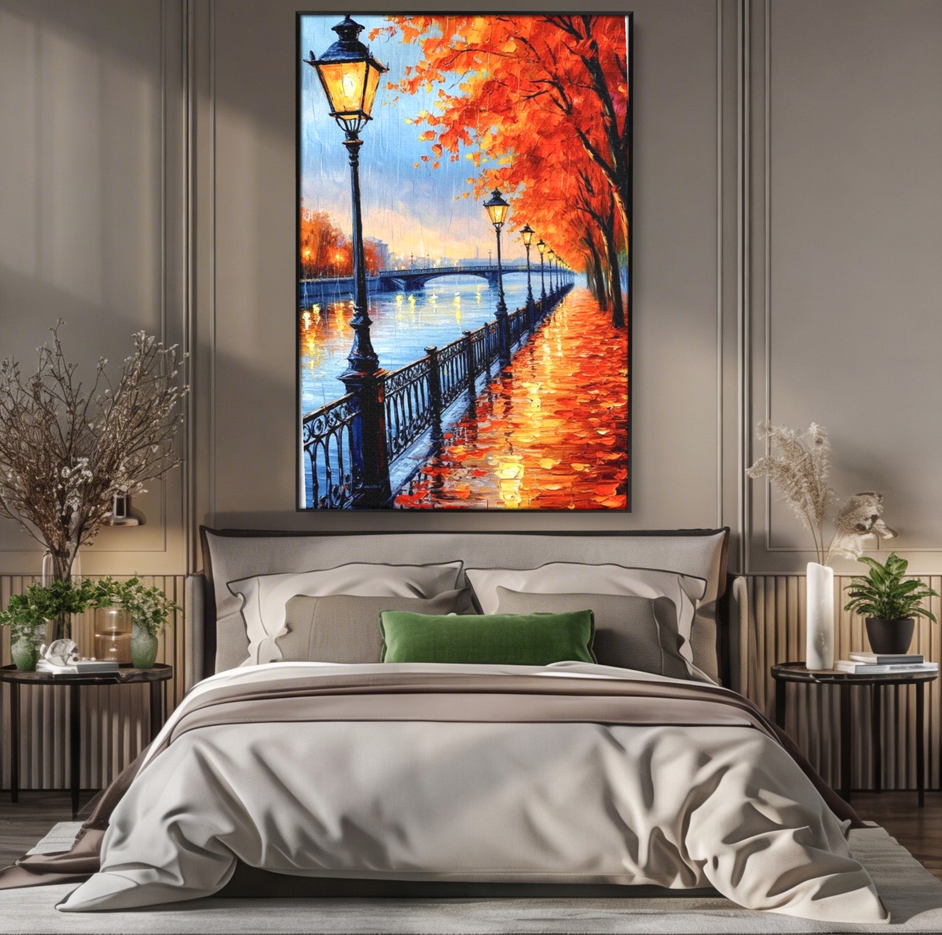 Tablou Canvas Premium LuxCanva® PI1115, Promenada Toamnei, Felinar, Parc, Peisaj, Rau, Living, Culori Vibrante