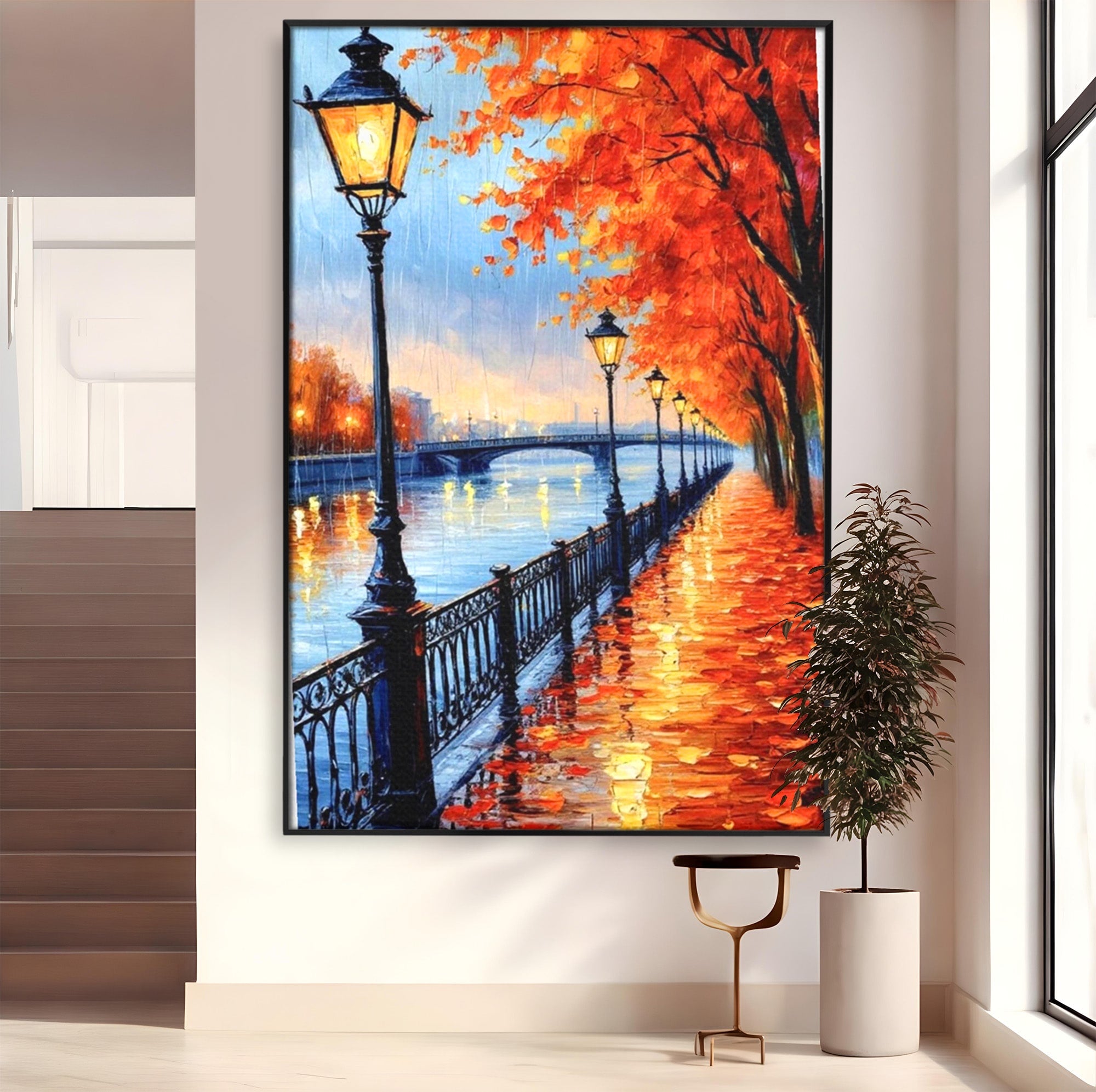 Tablou Canvas Premium LuxCanva® PI1115, Promenada Toamnei, Felinar, Parc, Peisaj, Rau, Living, Culori Vibrante
