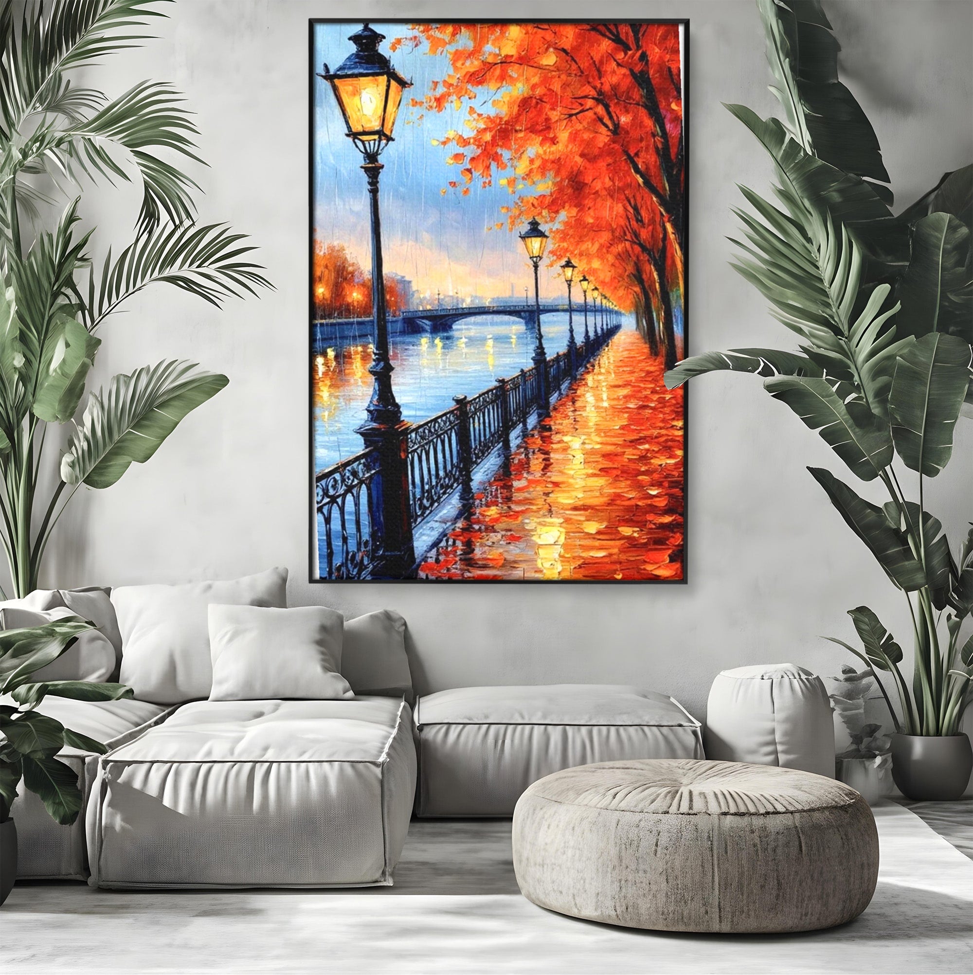 Tablou Canvas Premium LuxCanva® PI1115, Promenada Toamnei, Felinar, Parc, Peisaj, Rau, Living, Culori Vibrante