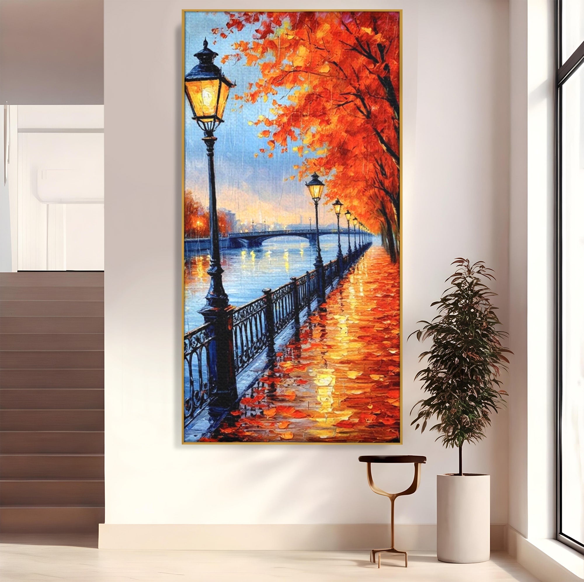 Tablou Canvas Premium LuxCanva® PI1115, Promenada Toamnei, Felinar, Parc, Peisaj, Rau, Living, Culori Vibrante